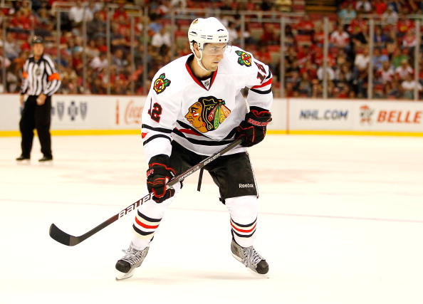 DETROIT - SEPTEMBER 24:  Kyle Beach #12 of the Chicago Blackhawks skates against the Detroit Red Wings during a pre season game on September 24, 2010 at Joe Louis Arena in Detroit, Michigan.  (Photo by Gregory Shamus/Getty Images)