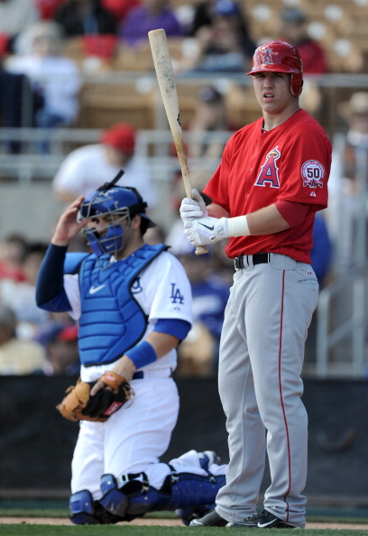 PHOENIX, AZ - FEBRUARY 27:  Mike Trout #90 of the Los Angeles Angels of Anaheim at bat against the Los Angeles Dodgers during spring training at Camelback Ranch on February 27, 2011 in Phoenix, Arizona.  (Photo by Harry How/Getty Images)