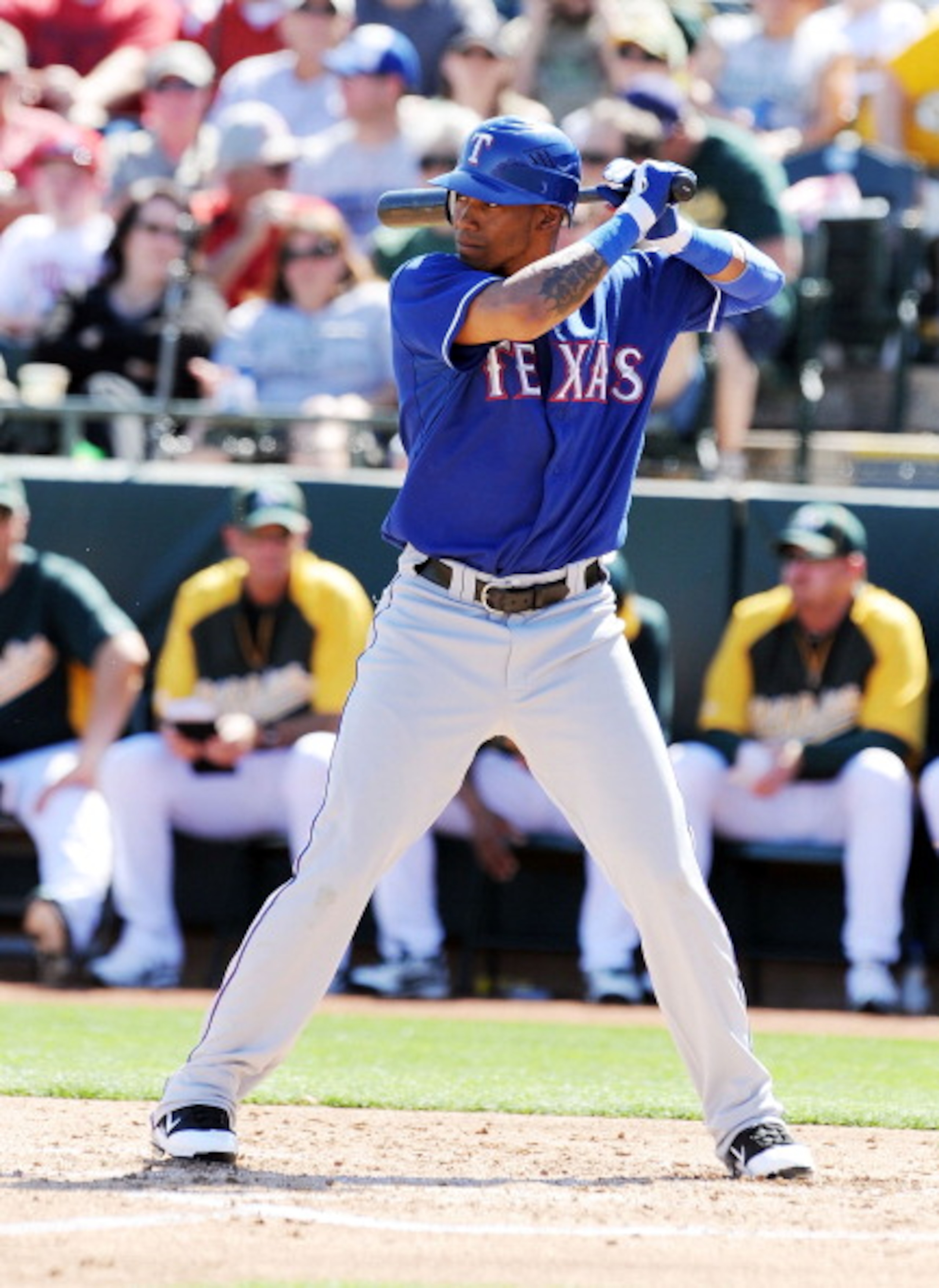 PHOENIX, AZ - MARCH 04: Engel Beltre #43 of the Texas Rangers gets ready in the batters box against the Oakland Athletics at Phoenix Municipal Stadium on March 4, 2011 in Phoenix, Arizona. (Photo by Norm Hall/Getty Images) PHOENIX, AZ - MARCH 04: Engel Beltre #43 of the Texas Rangers gets ready in the batters box against the Oakland Athletics at Phoenix Municipal Stadium on March 4, 2011 in Phoenix, Arizona. (Photo by Norm Hall/Getty Images)