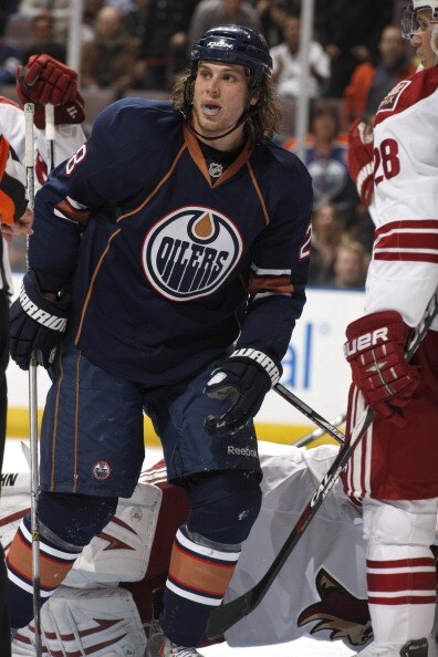 EDMONTON, CANADA - MARCH 17: Ryan Jones #28 of the Edmonton Oilers during the game against the Phoenix Coyotes on March 17, 2011 at Rexall Place in Edmonton, Alberta, Canada. (Photo by Dale MacMillan/Getty Images)