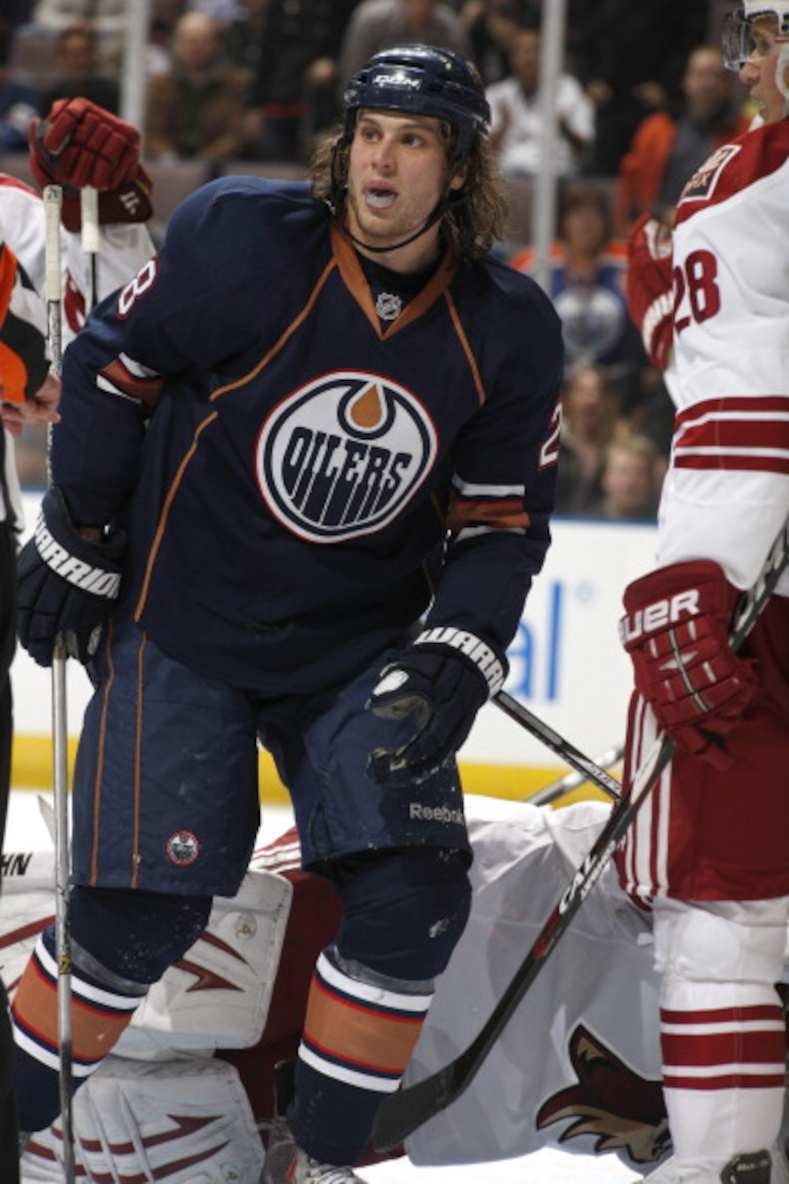 EDMONTON, CANADA - MARCH 17: Ryan Jones #28 of the Edmonton Oilers during the game against the Phoenix Coyotes on March 17, 2011 at Rexall Place in Edmonton, Alberta, Canada. (Photo by Dale MacMillan/Getty Images)