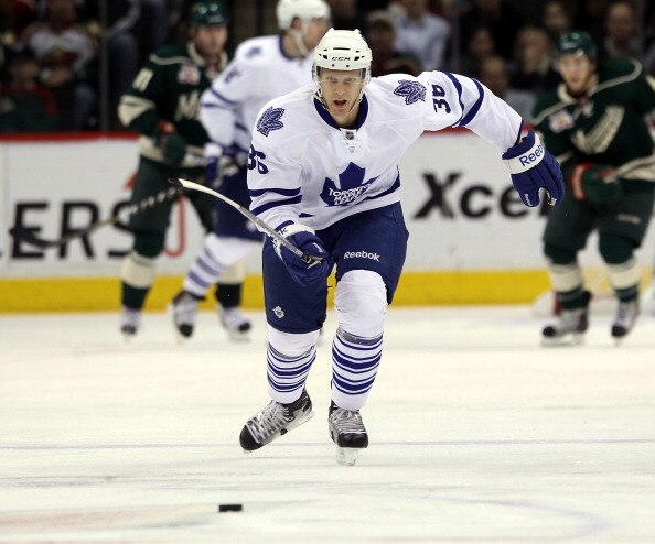 ST PAUL, MN - MARCH 22: Carl Gunnarsson #36 of the Toronto Maple Leafs skates against the Toronto Maple Leafs at the Xcel Energy Center on March 22, 2011 in St Paul, Minnesota.  (Photo by Bruce Bennett/Getty Images)