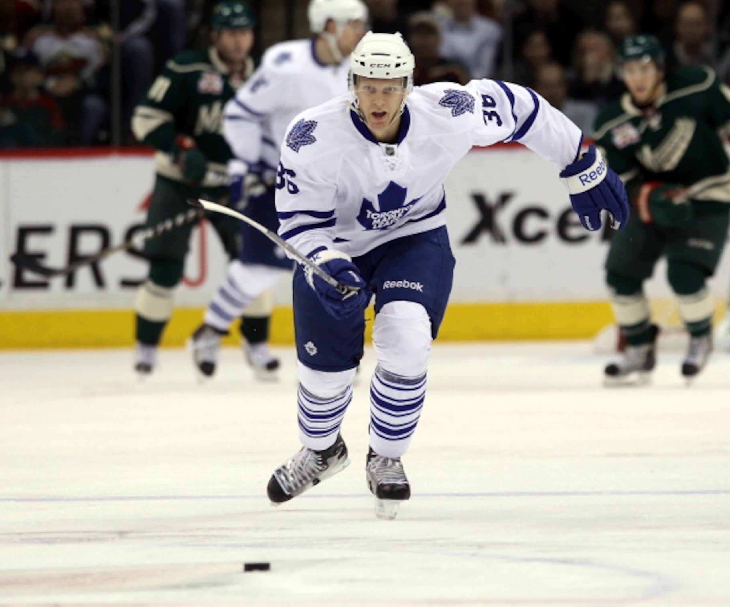 ST PAUL, MN - MARCH 22: Carl Gunnarsson #36 of the Toronto Maple Leafs skates against the Toronto Maple Leafs at the Xcel Energy Center on March 22, 2011 in St Paul, Minnesota.  (Photo by Bruce Bennett/Getty Images)