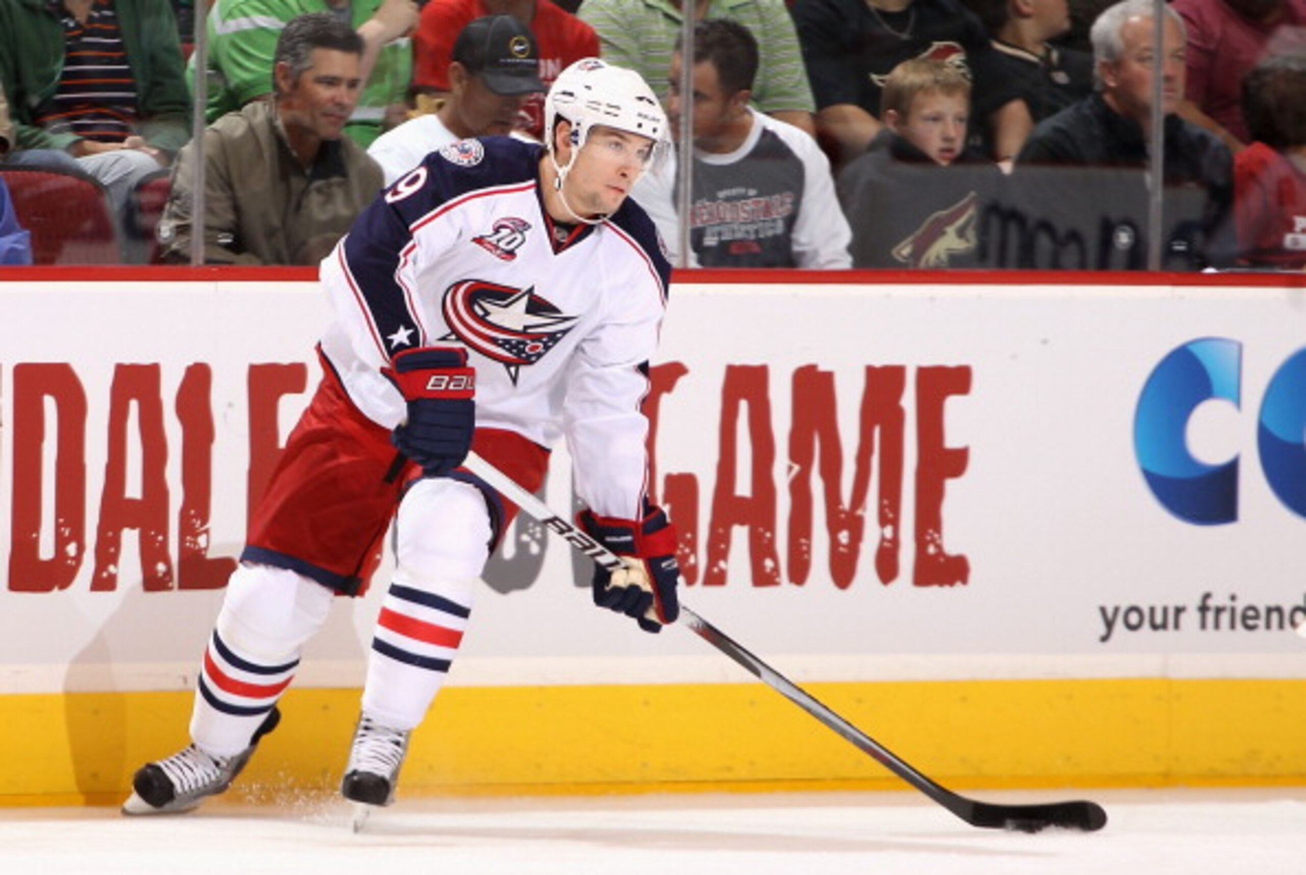 GLENDALE, AZ - MARCH 24:  Scottie Upshall #9 of the Columbus Blue Jackets skates with the puck during the NHL game against the Phoenix Coyotes at Jobing.com Arena on March 24, 2011 in Glendale, Arizona.  The Coyotes defeated the Blue Jackets 3-0.  (Photo