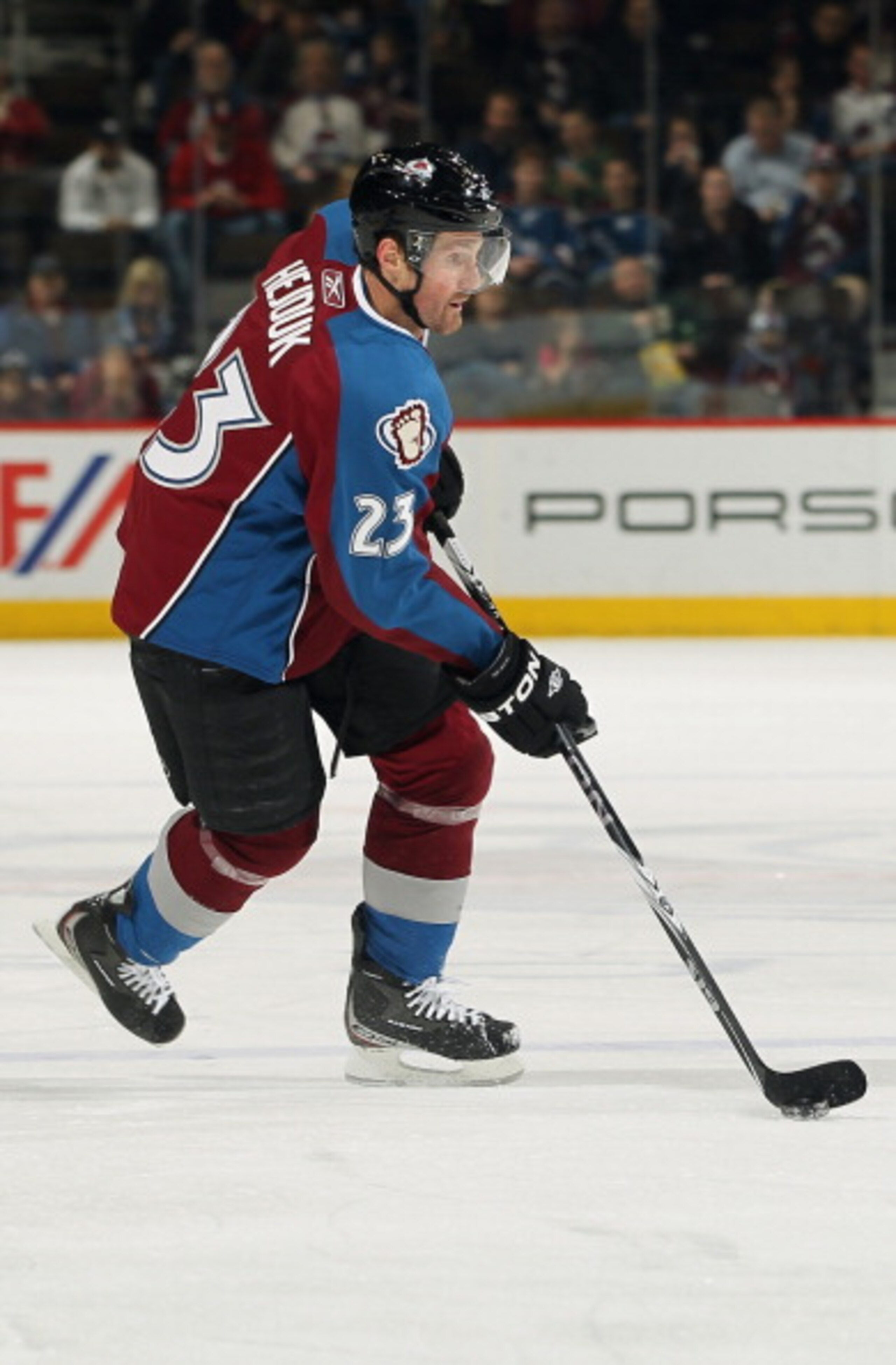 DENVER, CO - MARCH 22:  Milan Hejduk #23 of the Colorado Avalanche controls the puck against the Columbus Blue Jackets at the Pepsi Center on March 22, 2011 in Denver, Colorado. The Avalanche defeated the Blue Jackets 5-4 in an overtime shootout.  (Photo