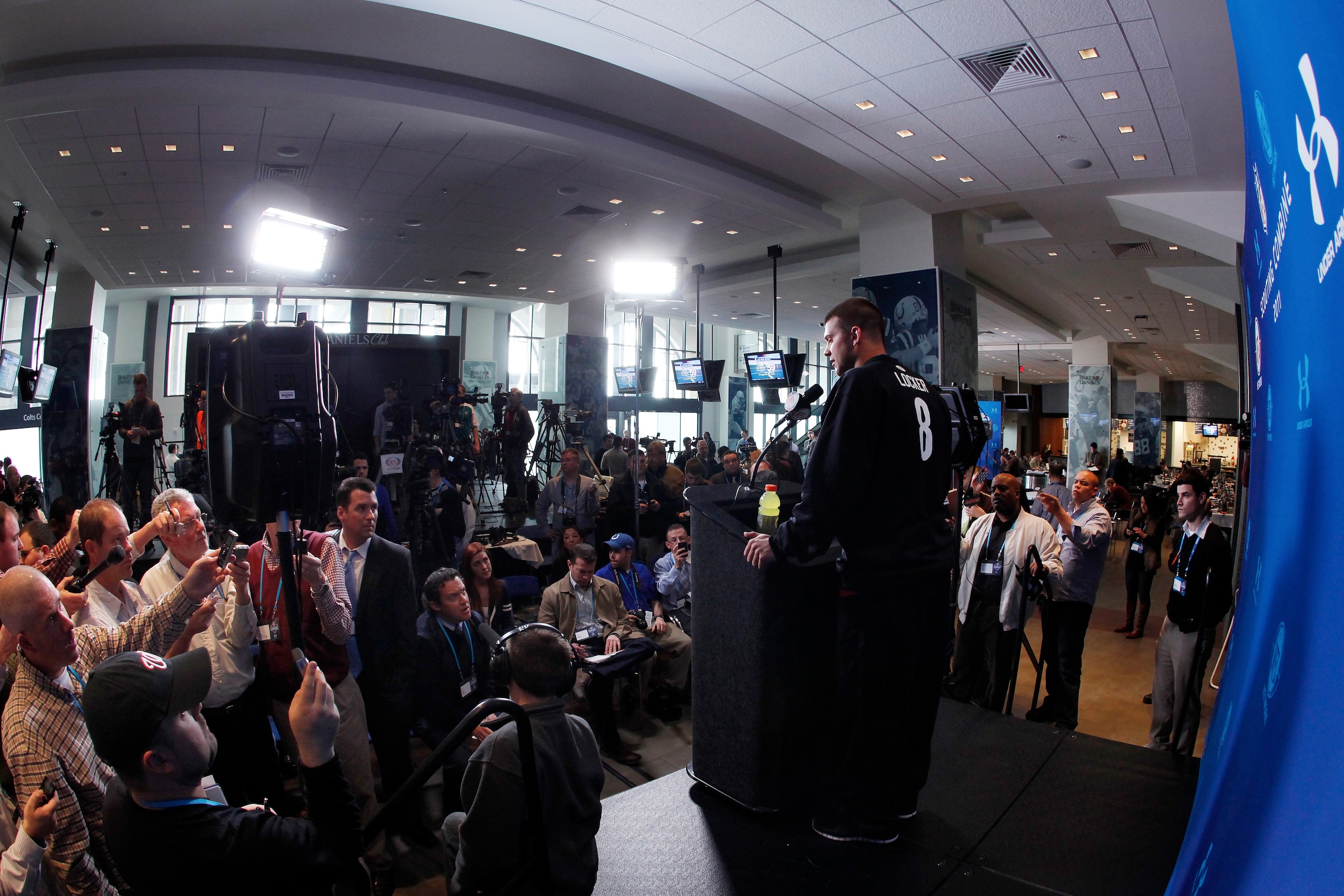INDIANAPOLIS, IN - FEBRUARY 25: Washington Huskies quarterback Jake Locker answers questions during a media session at the 2011 NFL Scouting Combine at Lucas Oil Stadium on February 25, 2011 in Indianapolis, Indiana. (Photo by Joe Robbins/Getty Images) INDIANAPOLIS, IN - FEBRUARY 25: Washington Huskies quarterback Jake Locker answers questions during a media session at the 2011 NFL Scouting Combine at Lucas Oil Stadium on February 25, 2011 in Indianapolis, Indiana. (Photo by Joe Robbins/Getty Images)