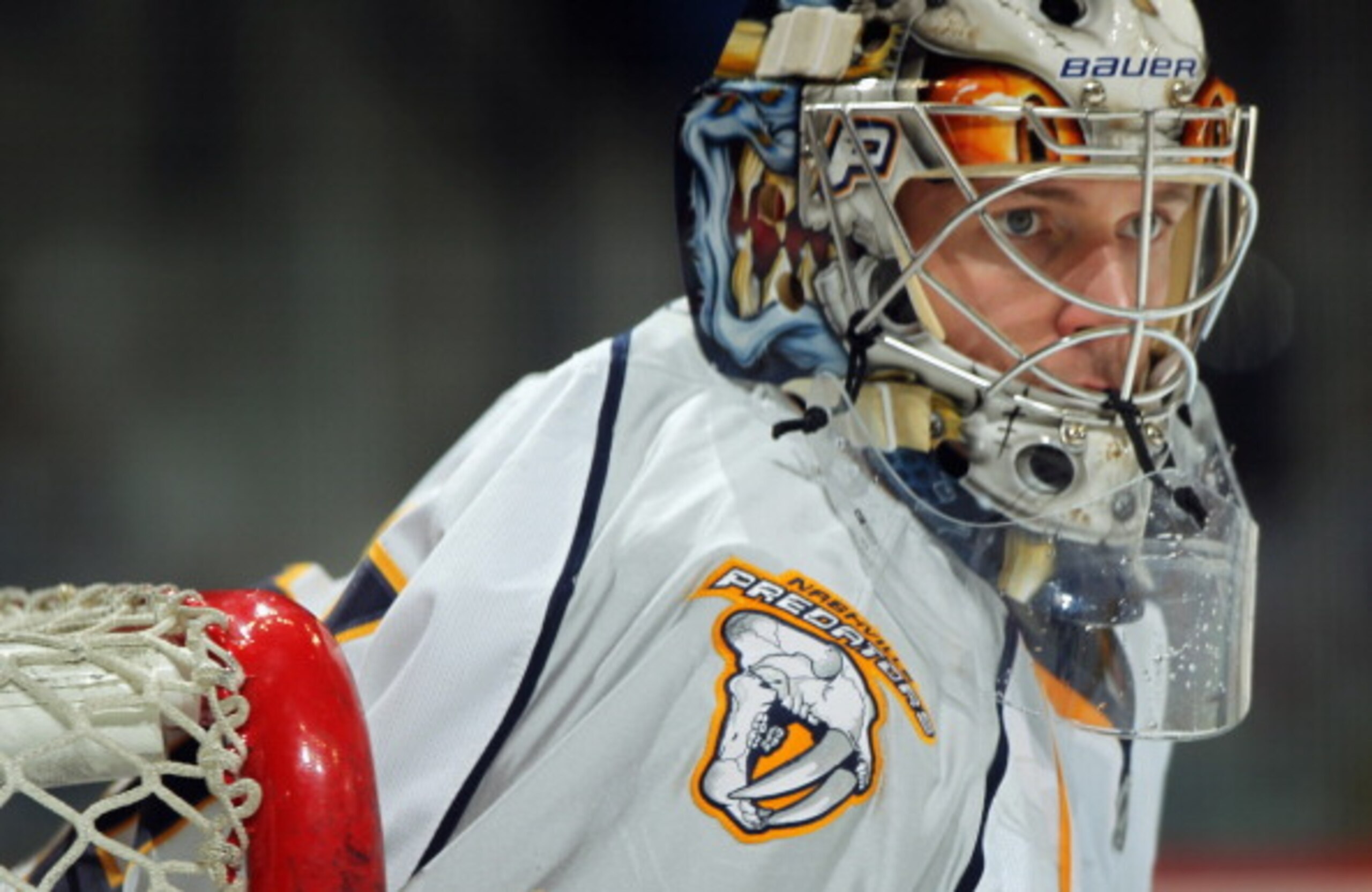 DENVER, CO - MARCH 31:  Goalie Pekka Rinne #35 of the Nashville Predators warms up prior to facing the Colorado Avalanche at the Pepsi Center on March 31, 2011 in Denver, Colorado. Rinne had 27 saves as the Nashville Predators defeated the Colorado Avalan