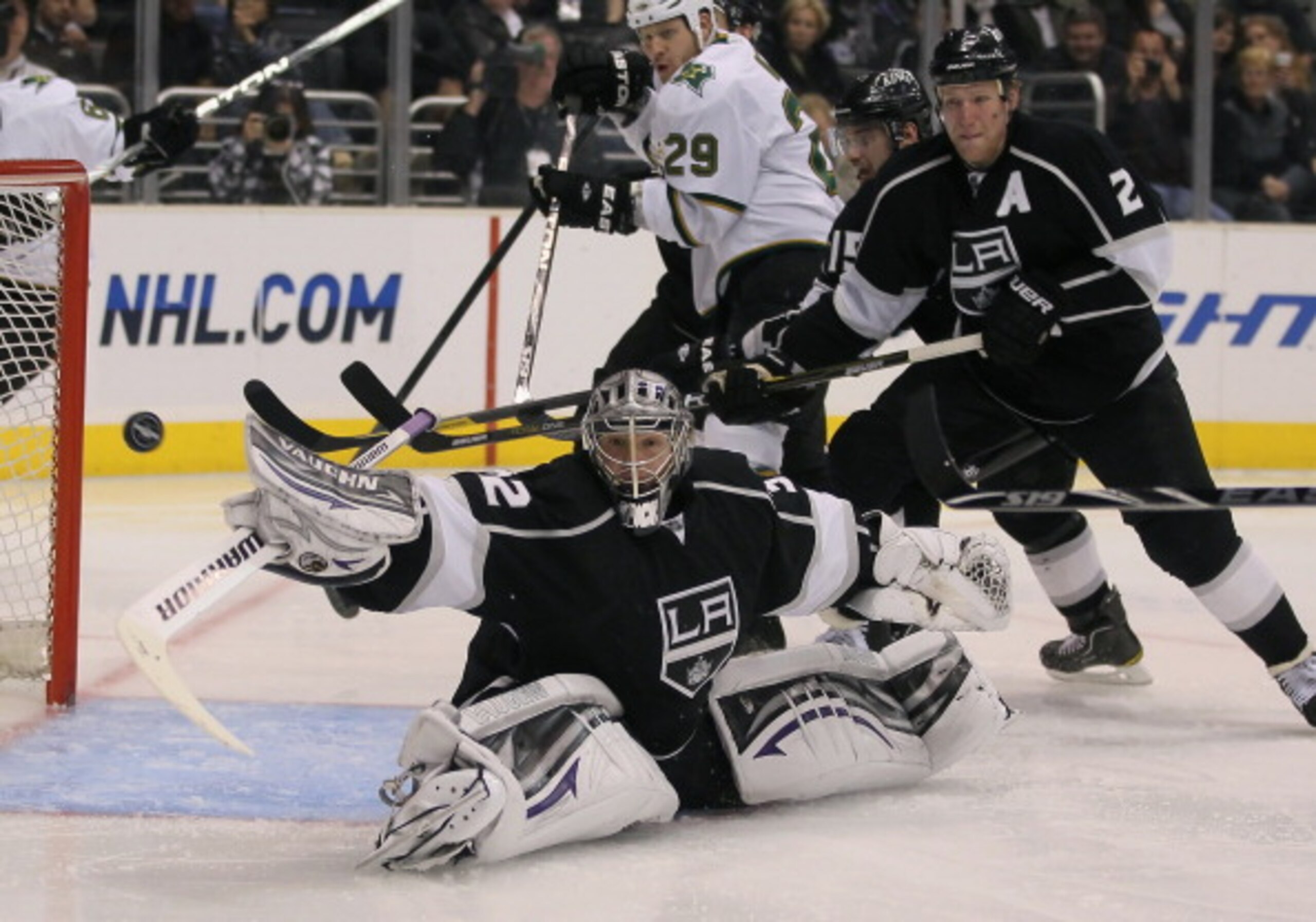 LOS ANGELES, CA - APRIL 02: Goaltender Jonathan Quick #32 of the Los Angeles Kings lunges for the puck as Matt Greene #2 defends in the third period against the Dallas Stars at Staples Center on April 2, 2011 in Los Angeles, California. The Kings defeate LOS ANGELES, CA - APRIL 02: Goaltender Jonathan Quick #32 of the Los Angeles Kings lunges for the puck as Matt Greene #2 defends in the third period against the Dallas Stars at Staples Center on April 2, 2011 in Los Angeles, California. The Kings defeate