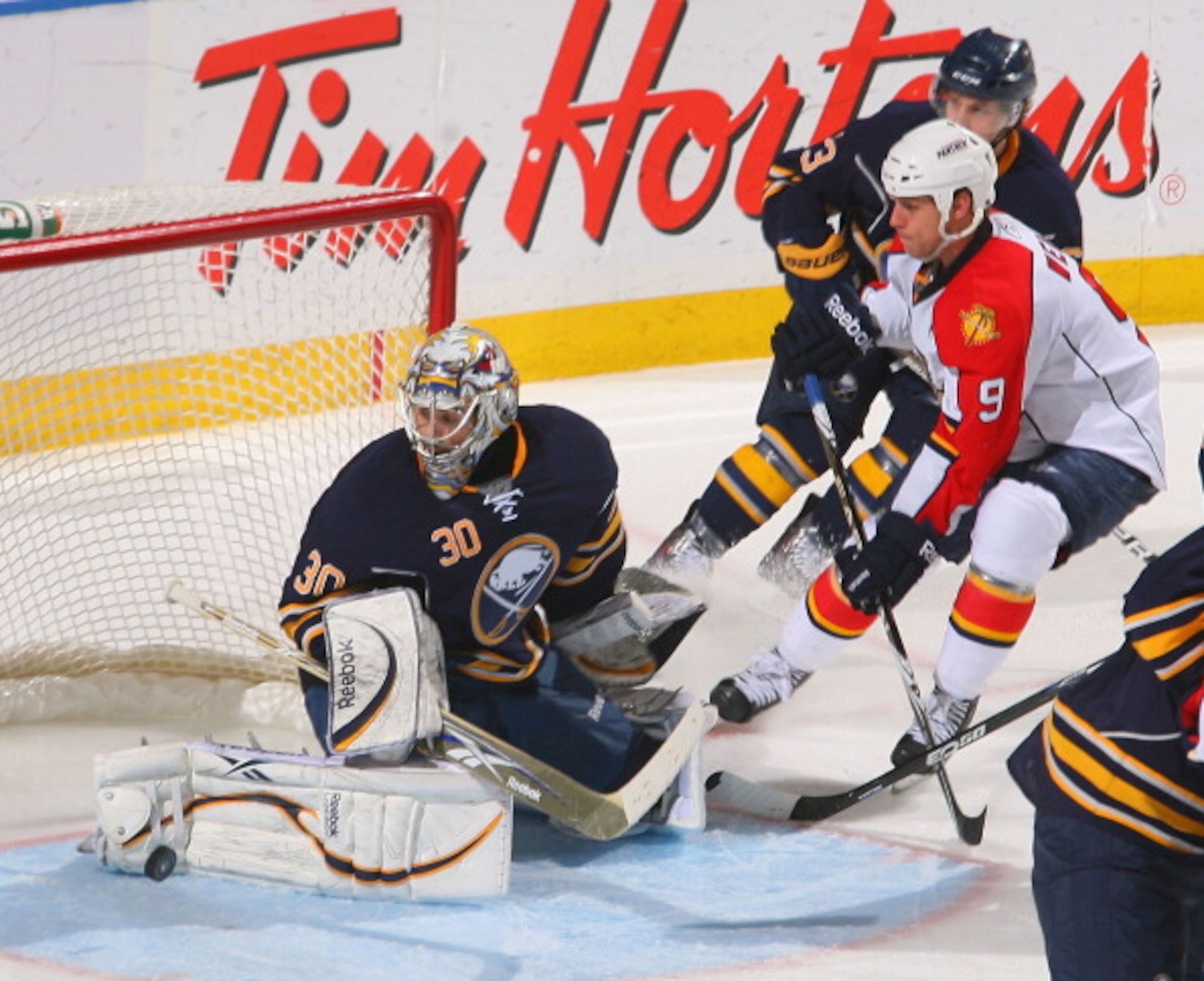 BUFFALO, NY - MARCH 25: Ryan Miller #30 of the Buffalo Sabres makes a save on Stephen Weiss #9 of the Florida Panthers at HSBC Arena on March 25, 2011 in Buffalo, New York. Buffalo won 4-2. (Photo by Rick Stewart/Getty Images) BUFFALO, NY - MARCH 25: Ryan Miller #30 of the Buffalo Sabres makes a save on Stephen Weiss #9 of the Florida Panthers at HSBC Arena on March 25, 2011 in Buffalo, New York. Buffalo won 4-2. (Photo by Rick Stewart/Getty Images)