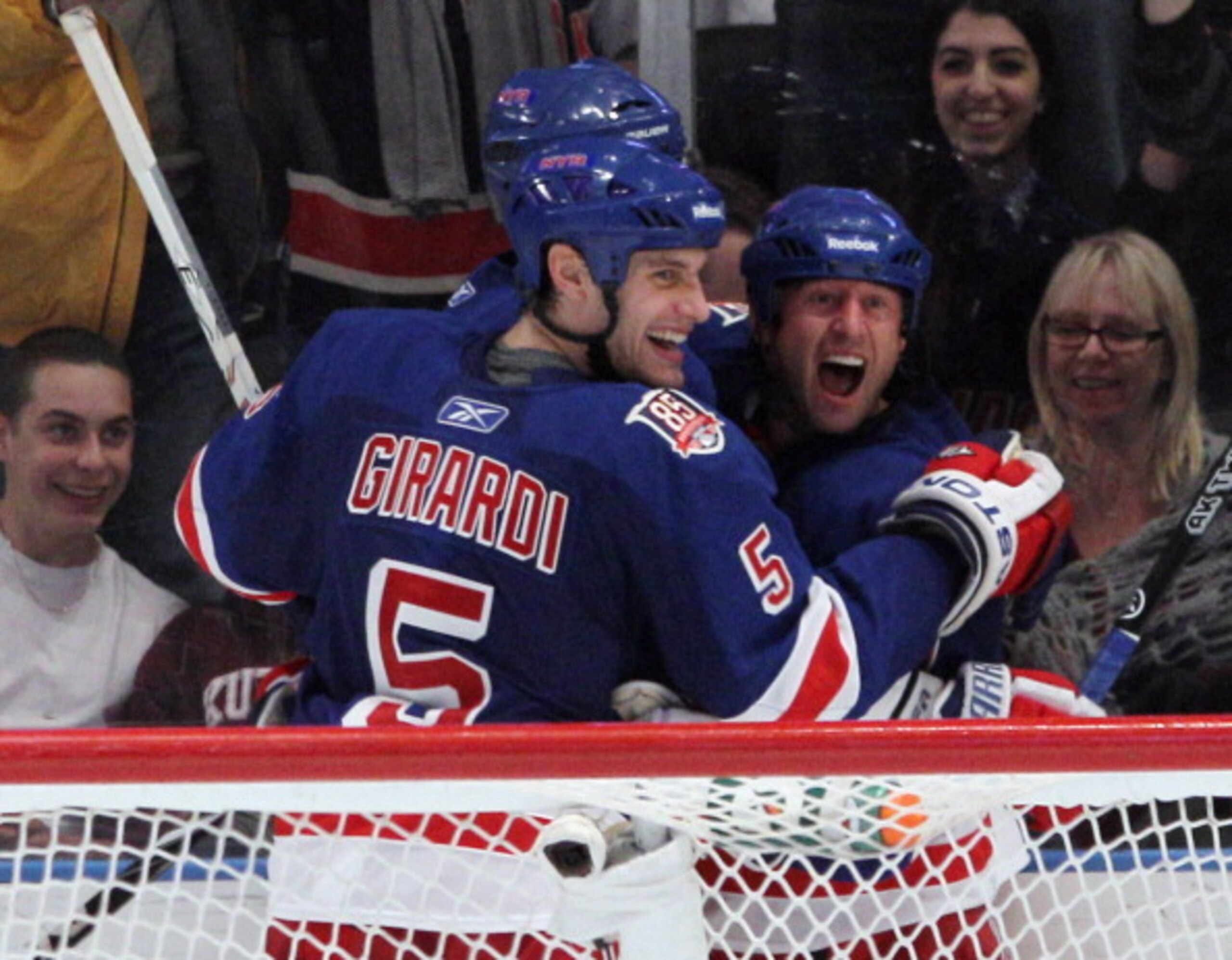NEW YORK, NY - APRIL 09: (L-R) Dan Girardi #5 and Vaclav Prospal #20 of the New York Rangers celebrate Prospal's goal at 10:49 of the third period against the New Jersey Devils at Madison Square Garden on April 9, 2011 in New York City. The Rangers defea NEW YORK, NY - APRIL 09: (L-R) Dan Girardi #5 and Vaclav Prospal #20 of the New York Rangers celebrate Prospal's goal at 10:49 of the third period against the New Jersey Devils at Madison Square Garden on April 9, 2011 in New York City. The Rangers defea