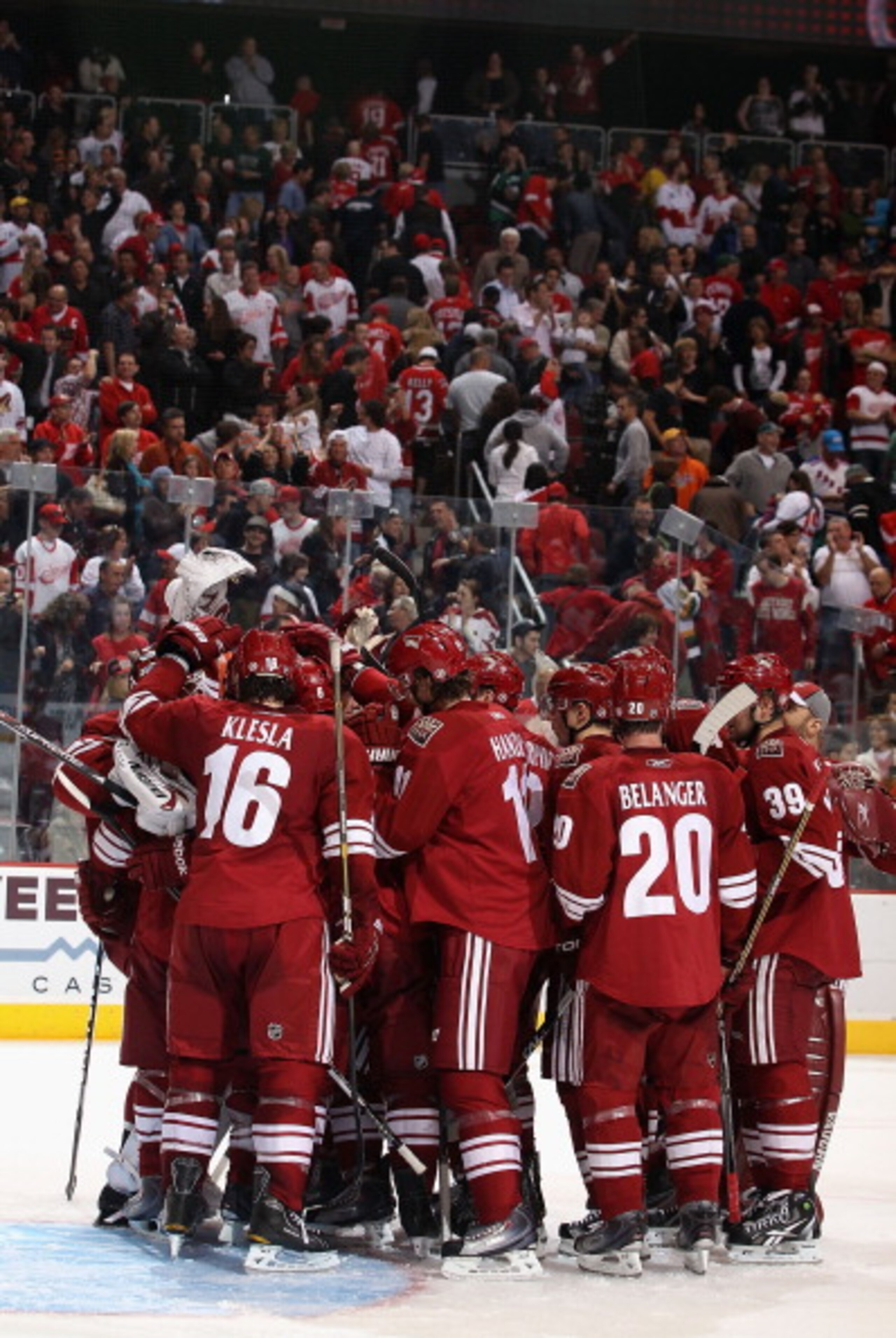 GLENDALE, AZ - MARCH 05: The Phoenix Coyotes celebrate after defeating the Detroit Red Wings in the NHL game at Jobing.com Arena on March 5, 2011 in Glendale, Arizona. The Coyotes defeated the Red Wings 5-4 in an overtime shoot out. (Photo by Christian GLENDALE, AZ - MARCH 05: The Phoenix Coyotes celebrate after defeating the Detroit Red Wings in the NHL game at Jobing.com Arena on March 5, 2011 in Glendale, Arizona. The Coyotes defeated the Red Wings 5-4 in an overtime shoot out. (Photo by Christian