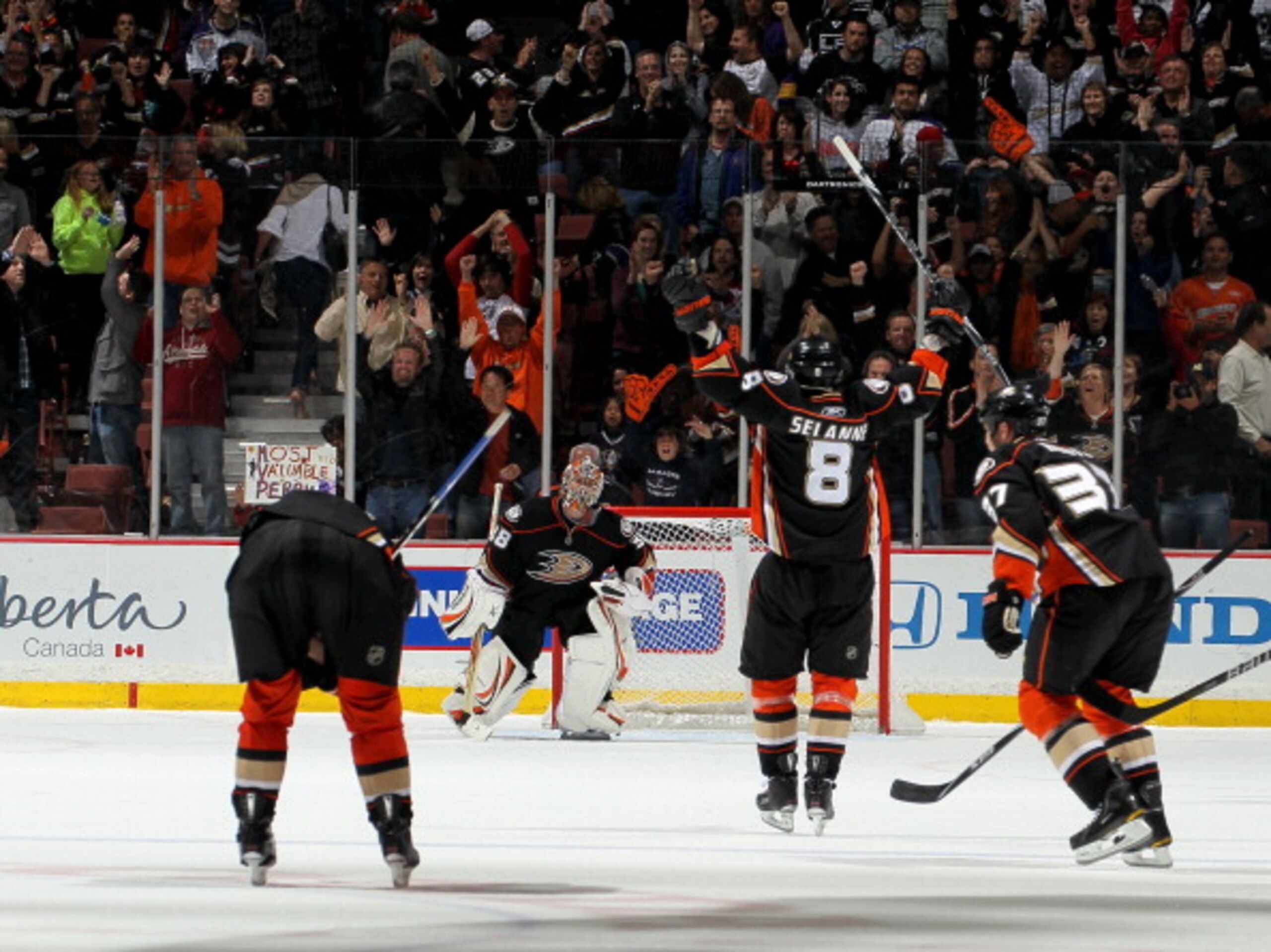 ANAHEIM, CA - APRIL 08: Teemu Selanne #8 of the Anaheim Ducks celebrates as the game ends against the Los Angeles King at Honda Center on April 8, 2011 in Anaheim, California. The Ducks won 2-1 to clinch a berth in the playoffs. (Photo by Stephen Dunn/G ANAHEIM, CA - APRIL 08: Teemu Selanne #8 of the Anaheim Ducks celebrates as the game ends against the Los Angeles King at Honda Center on April 8, 2011 in Anaheim, California. The Ducks won 2-1 to clinch a berth in the playoffs. (Photo by Stephen Dunn/G