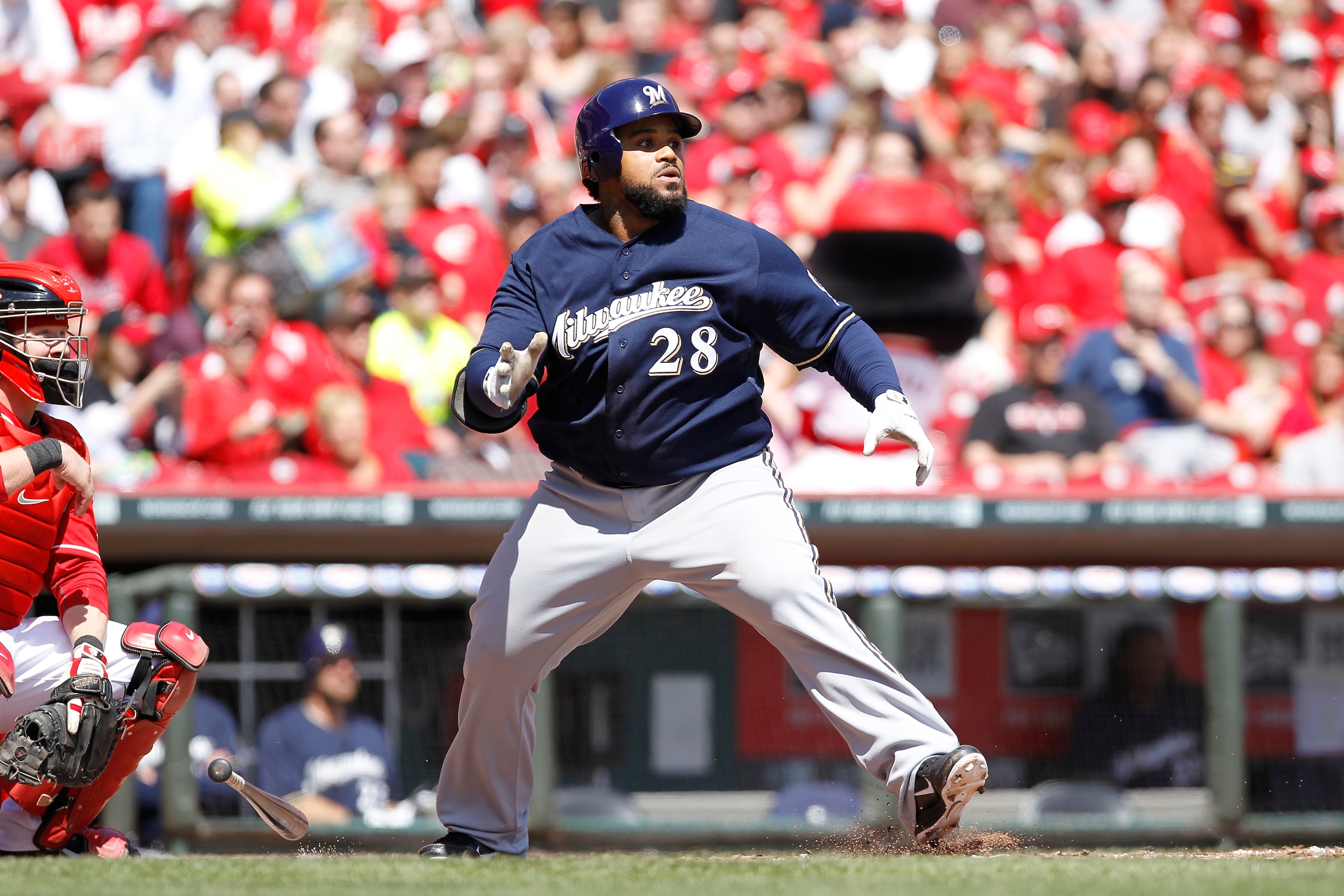 CINCINNATI, OH - APRIL 3: Prince Fielder #28 of the Milwaukee Brewers hits the ball against the Cincinnati Reds at Great American Ball Park on April 3, 2011 in Cincinnati, Ohio. The Reds won 12-3. (Photo by Joe Robbins/Getty Images) CINCINNATI, OH - APRIL 3: Prince Fielder #28 of the Milwaukee Brewers hits the ball against the Cincinnati Reds at Great American Ball Park on April 3, 2011 in Cincinnati, Ohio. The Reds won 12-3. (Photo by Joe Robbins/Getty Images)