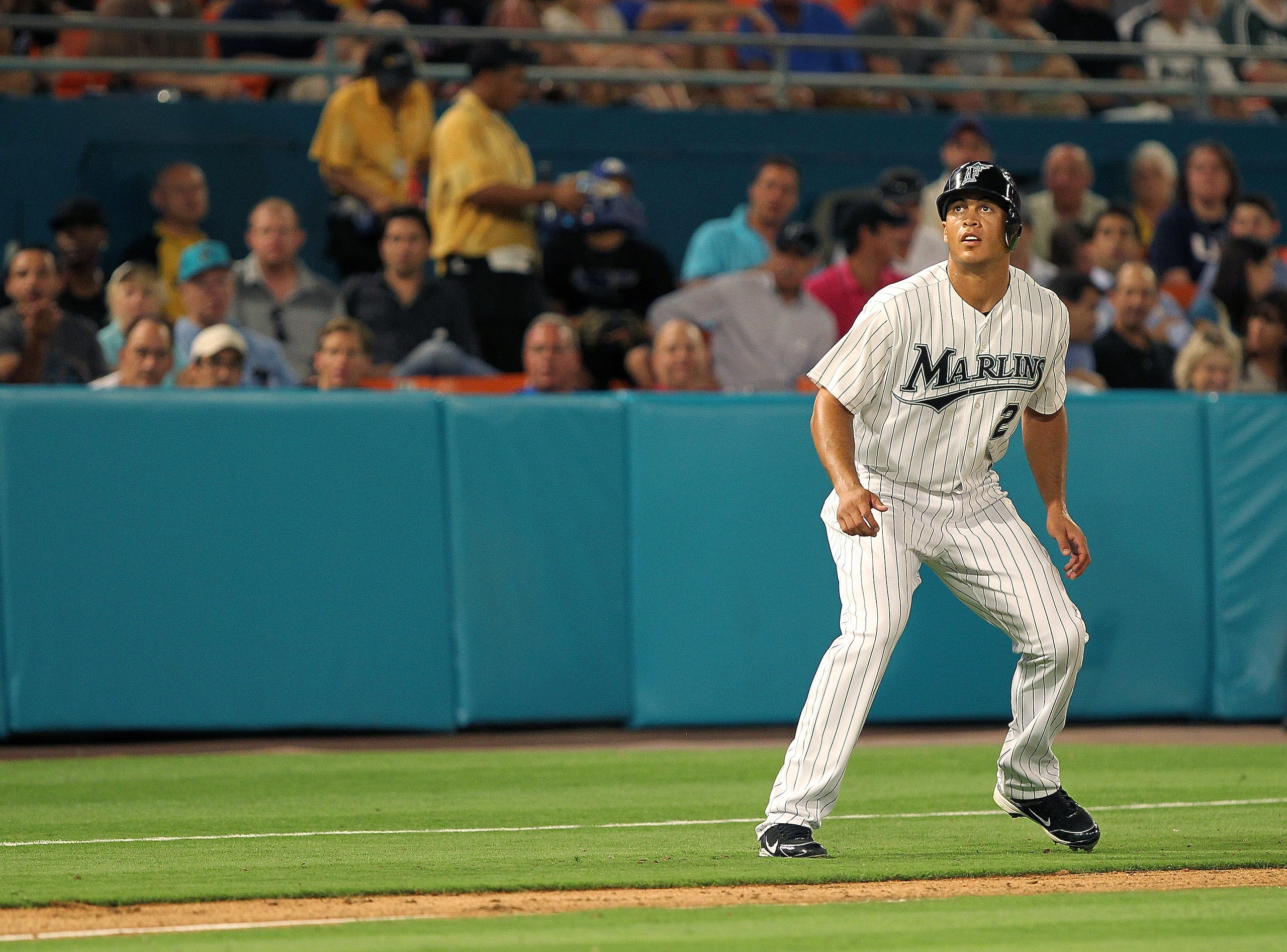 MIAMI GARDENS, FL - APRIL 01: Mike Stanton #27 of the Florida Marlins leads off third during opening day against the New York Mets at Sun Life Stadium on April 1, 2011 in Miami Gardens, Florida. (Photo by Mike Ehrmann/Getty Images) MIAMI GARDENS, FL - APRIL 01: Mike Stanton #27 of the Florida Marlins leads off third during opening day against the New York Mets at Sun Life Stadium on April 1, 2011 in Miami Gardens, Florida. (Photo by Mike Ehrmann/Getty Images)