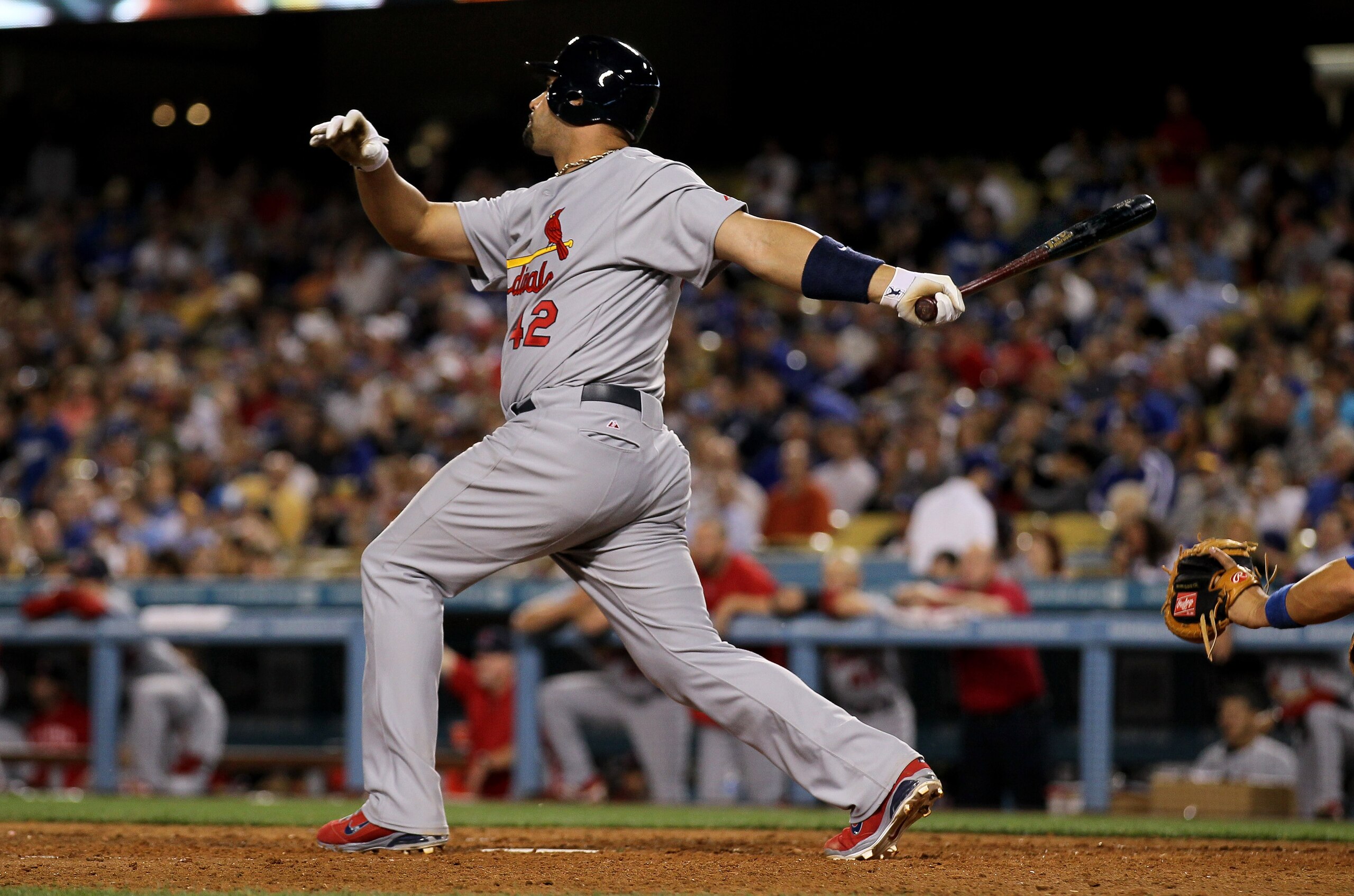 LOS ANGELES, CA - APRIL 15: Albert Pujols #5 of the St. Louis Cardinals hits his second home run of the game in the seventh inning against the Los Angeles Dodgers on April 15, 2011 at Dodger Stadium in Los Angeles, California. (Photo by Stephen Dunn/Get LOS ANGELES, CA - APRIL 15: Albert Pujols #5 of the St. Louis Cardinals hits his second home run of the game in the seventh inning against the Los Angeles Dodgers on April 15, 2011 at Dodger Stadium in Los Angeles, California. (Photo by Stephen Dunn/Get