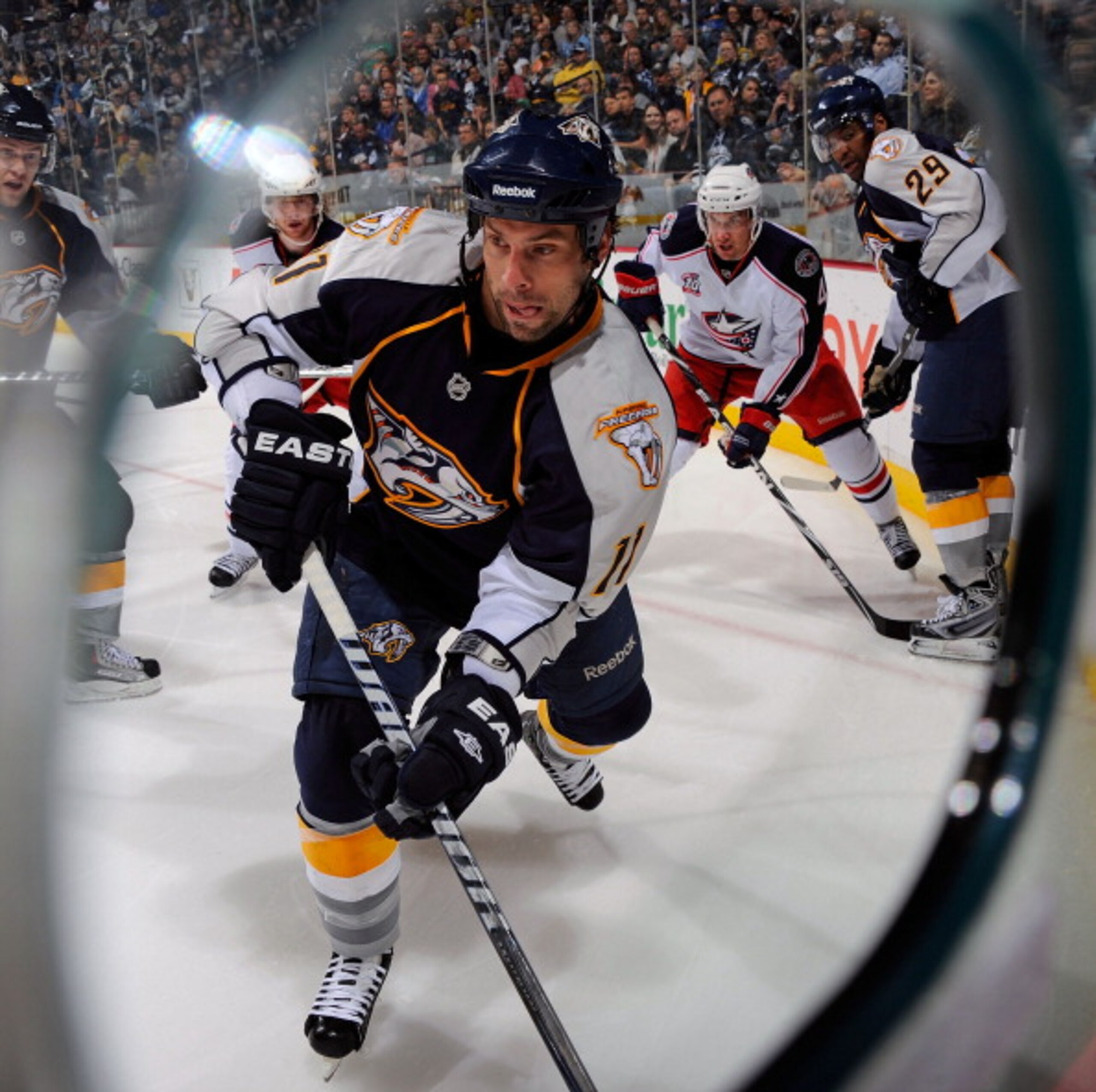 NASHVILLE, TN - APRIL 08: David Legwand #11 of the Nashville Predators carries the puck against the Columbus Blue Jackets on April 8, 2011 at the Bridgestone Arena in Nashville, Tennessee. (Photo by Frederick Breedon/Getty Images) NASHVILLE, TN - APRIL 08: David Legwand #11 of the Nashville Predators carries the puck against the Columbus Blue Jackets on April 8, 2011 at the Bridgestone Arena in Nashville, Tennessee. (Photo by Frederick Breedon/Getty Images)