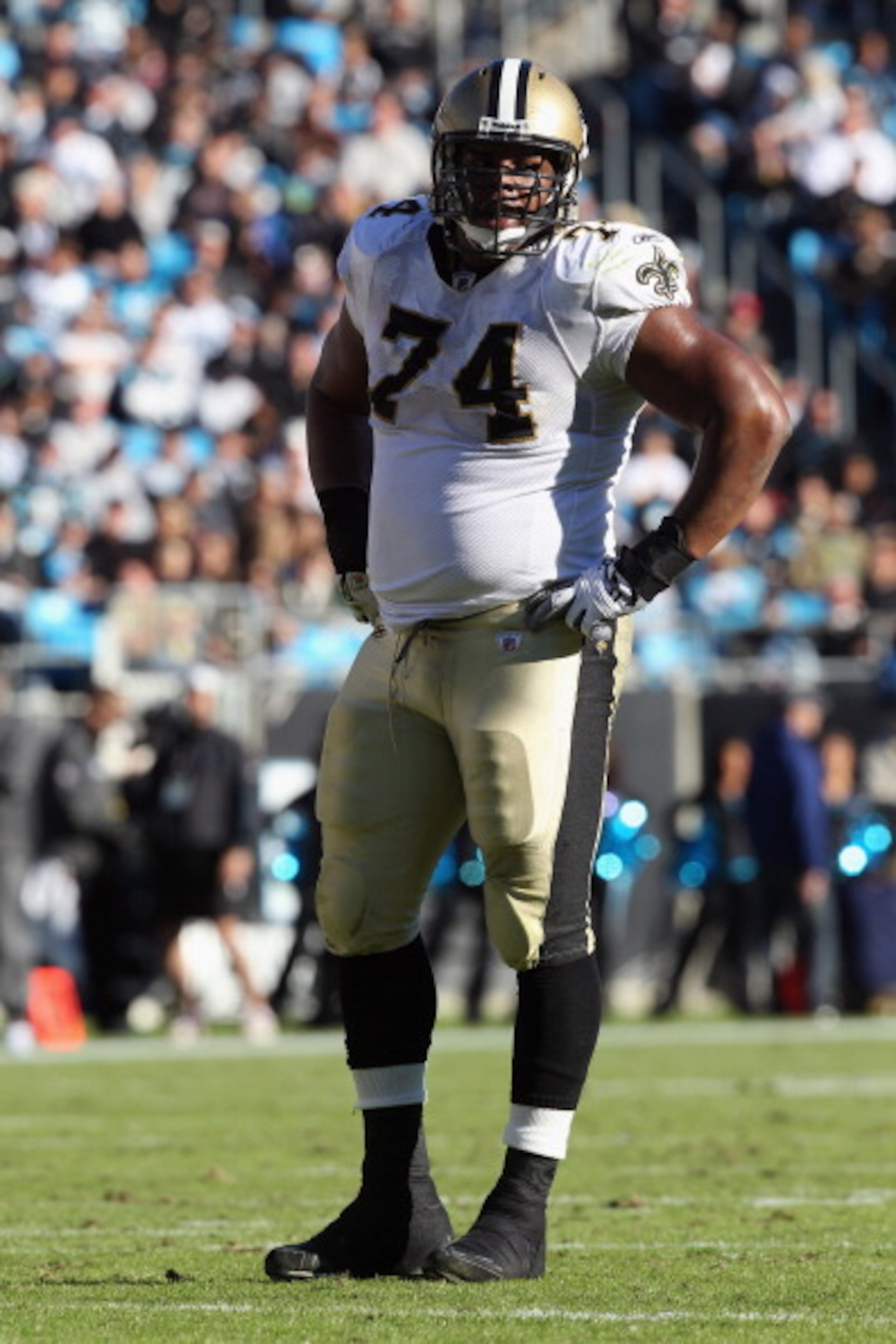 CHARLOTTE, NC - NOVEMBER 07:  Jermon Bushrod #74 of the New Orleans Saints against the Carolina Panthers during their game at Bank of America Stadium on November 7, 2010 in Charlotte, North Carolina.  (Photo by Streeter Lecka/Getty Images)