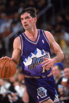 30 Jan 2001:  John Stockton #12 of the Utah Jazz moves with the ball during the game against the Seattle SuperSonics at Key Arena in Seattle, Washington.  The Jazz defeated the Sonics 102-88.  NOTE TO USER: It is expressly understood that the only rights