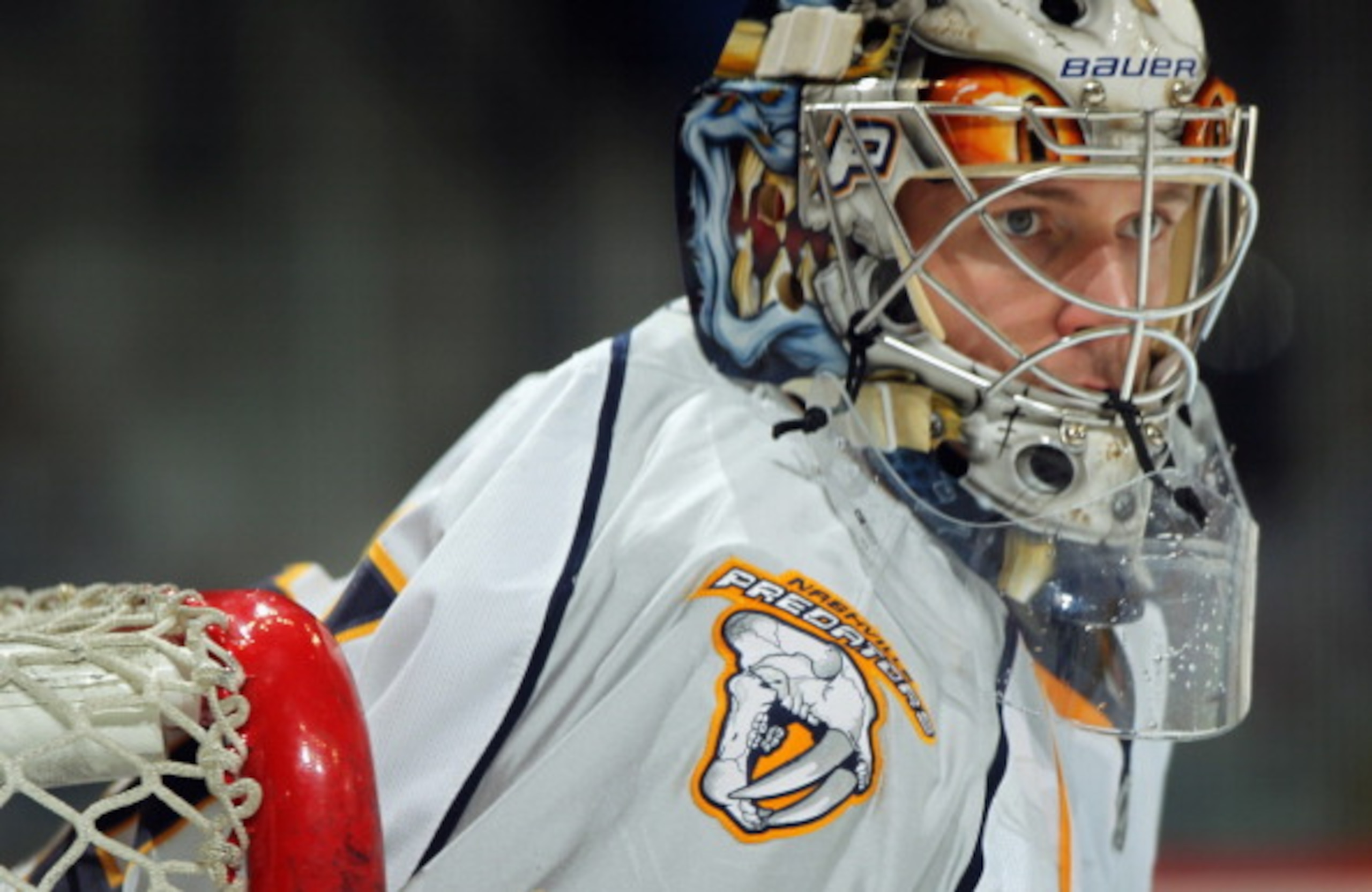 DENVER, CO - MARCH 31:  Goalie Pekka Rinne #35 of the Nashville Predators warms up prior to facing the Colorado Avalanche at the Pepsi Center on March 31, 2011 in Denver, Colorado. Rinne had 27 saves as the Nashville Predators defeated the Colorado Avalan