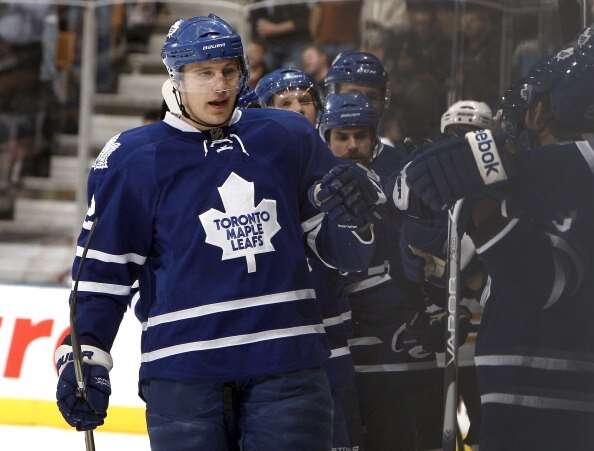 TORONTO, CANADA - MARCH 19 Luke Schenn #2 of the Toronto Maple Leafs celebrates his goal during game action against the Boston Bruins at the Air Canada Centre March 19, 2011 in Toronto, Ontario, Canada. (Photo by Abelimages/Getty Images)