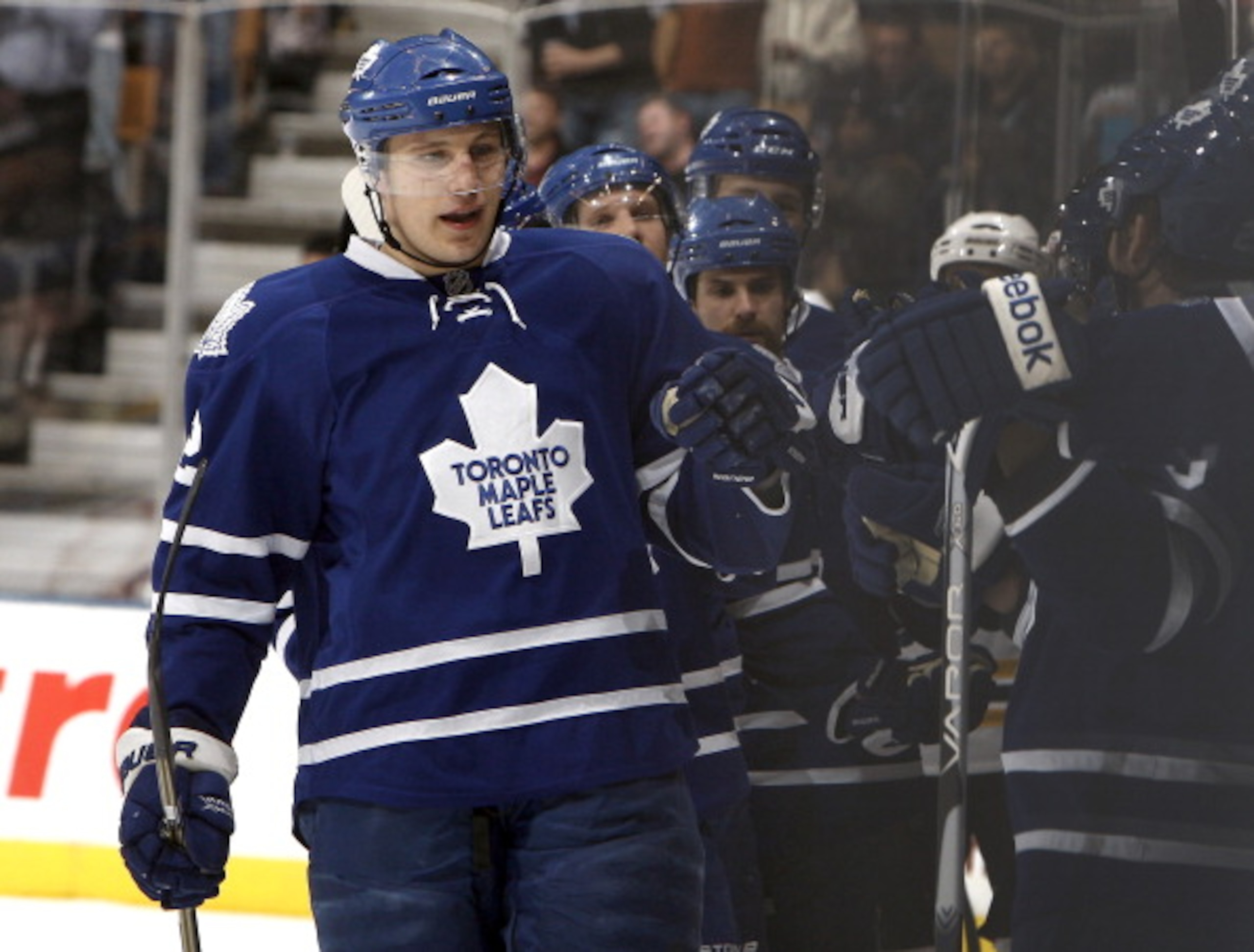 TORONTO, CANADA - MARCH 19 Luke Schenn #2 of the Toronto Maple Leafs celebrates his goal during game action against the Boston Bruins at the Air Canada Centre March 19, 2011 in Toronto, Ontario, Canada. (Photo by Abelimages/Getty Images)