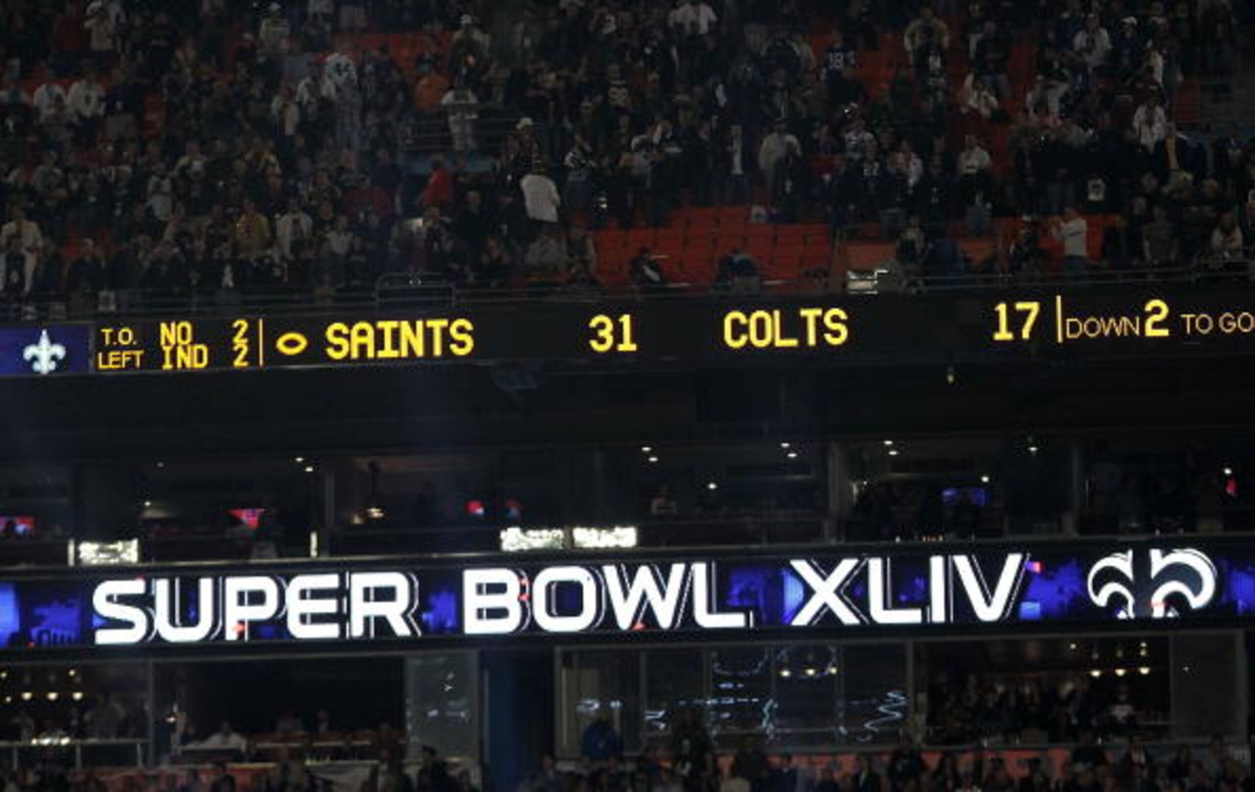 MIAMI GARDENS, FL - FEBRUARY 07:  The scoreboard is seen after the New Orleans Saints defeated the Indianapolis Colts during Super Bowl XLIV on February 7, 2010 at Sun Life Stadium in Miami Gardens, Florida.  (Photo by Ronald Martinez/Getty Images)