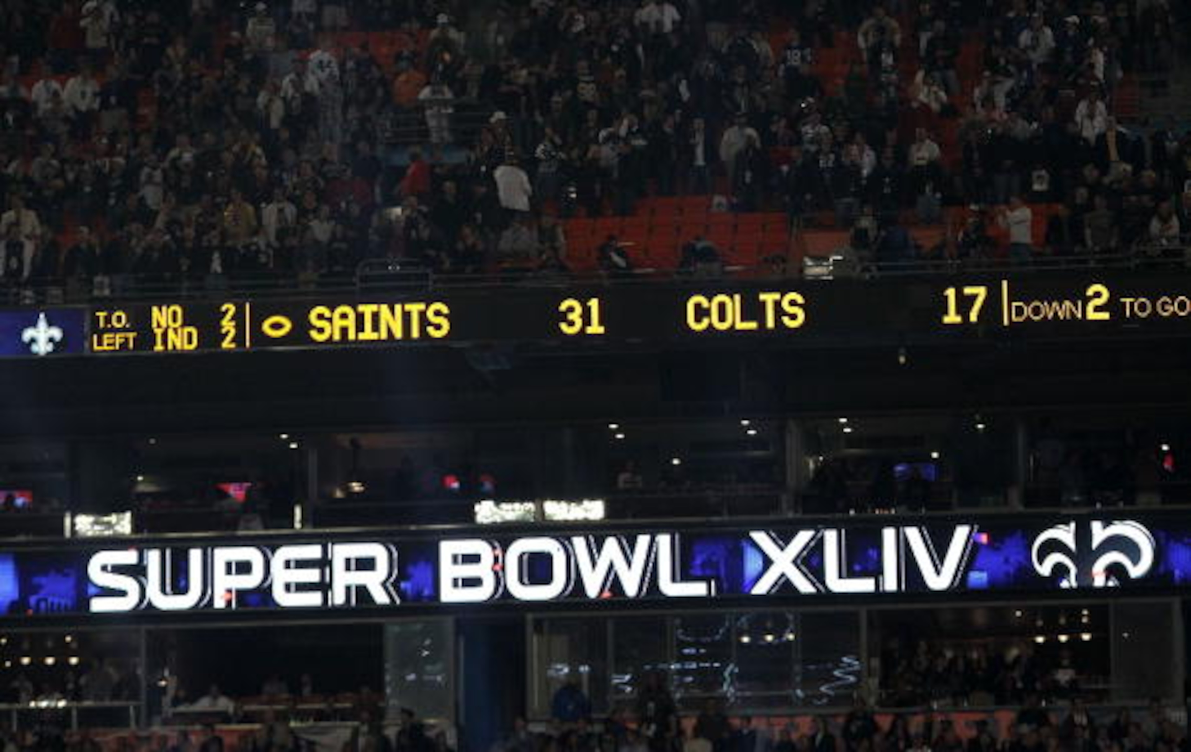 MIAMI GARDENS, FL - FEBRUARY 07:  The scoreboard is seen after the New Orleans Saints defeated the Indianapolis Colts during Super Bowl XLIV on February 7, 2010 at Sun Life Stadium in Miami Gardens, Florida.  (Photo by Ronald Martinez/Getty Images)