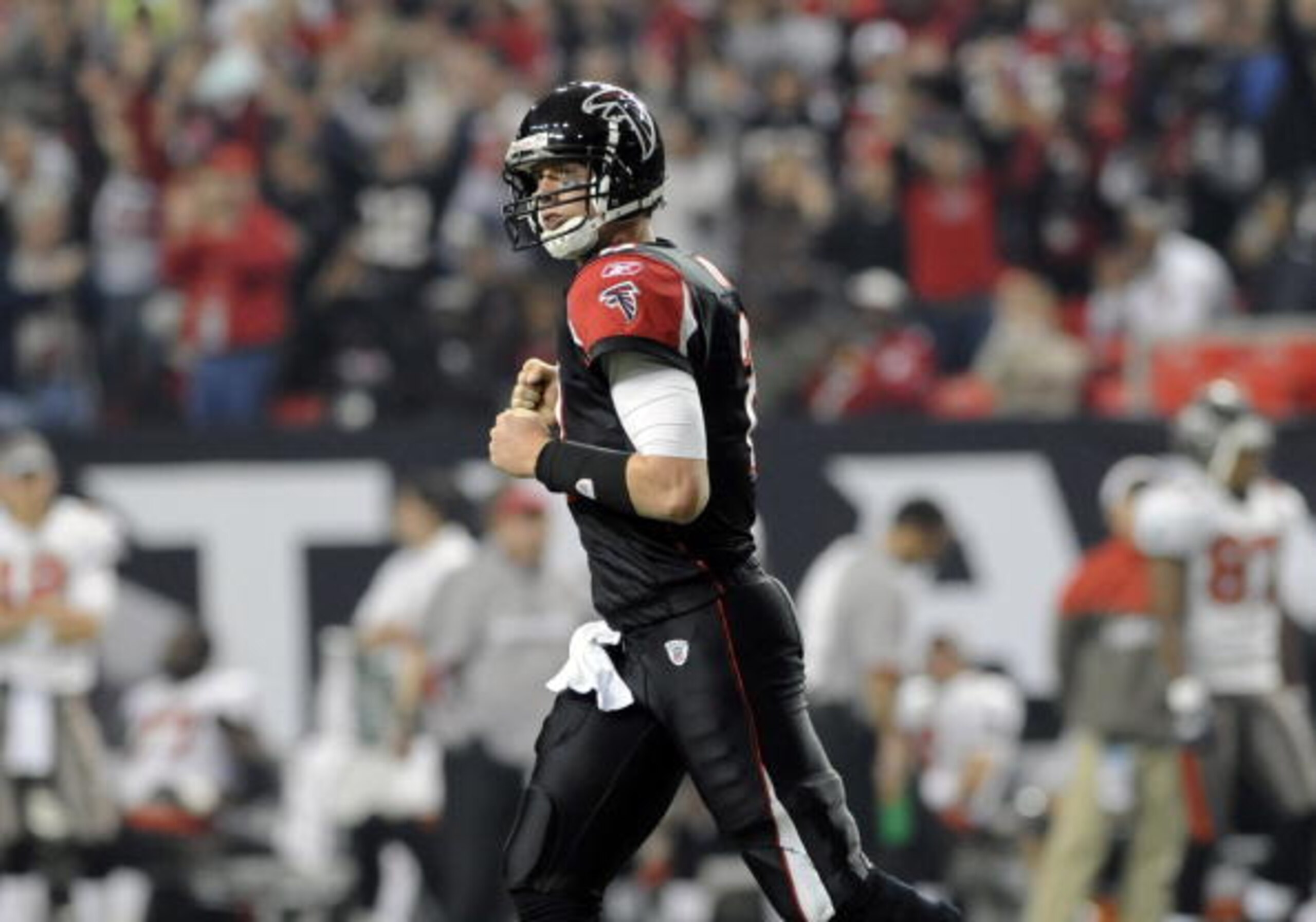 ATLANTA - DECEMBER 14: Quarterback Matt Ryan #2 of the Atlanta Falcons celebrates a touchdown against the Tampa Bay Buccaneers  at the Georgia Dome on December 14, 2008 in Atlanta, Georgia.  (Photo by Al Messerschmidt/Getty Images)