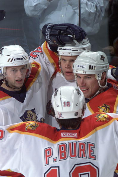 9 Jan 2002:  (l-r) Kristian Huselius #22,  Olli Jokinen #12, Paul Laus #3 and Pavel Bure #10 of the Florida Panthers celebrate during the game against the Dallas Stars at the National Car Rental Center in Miami Sunrise, Florida. The Stars win 3-2. DIGITAL