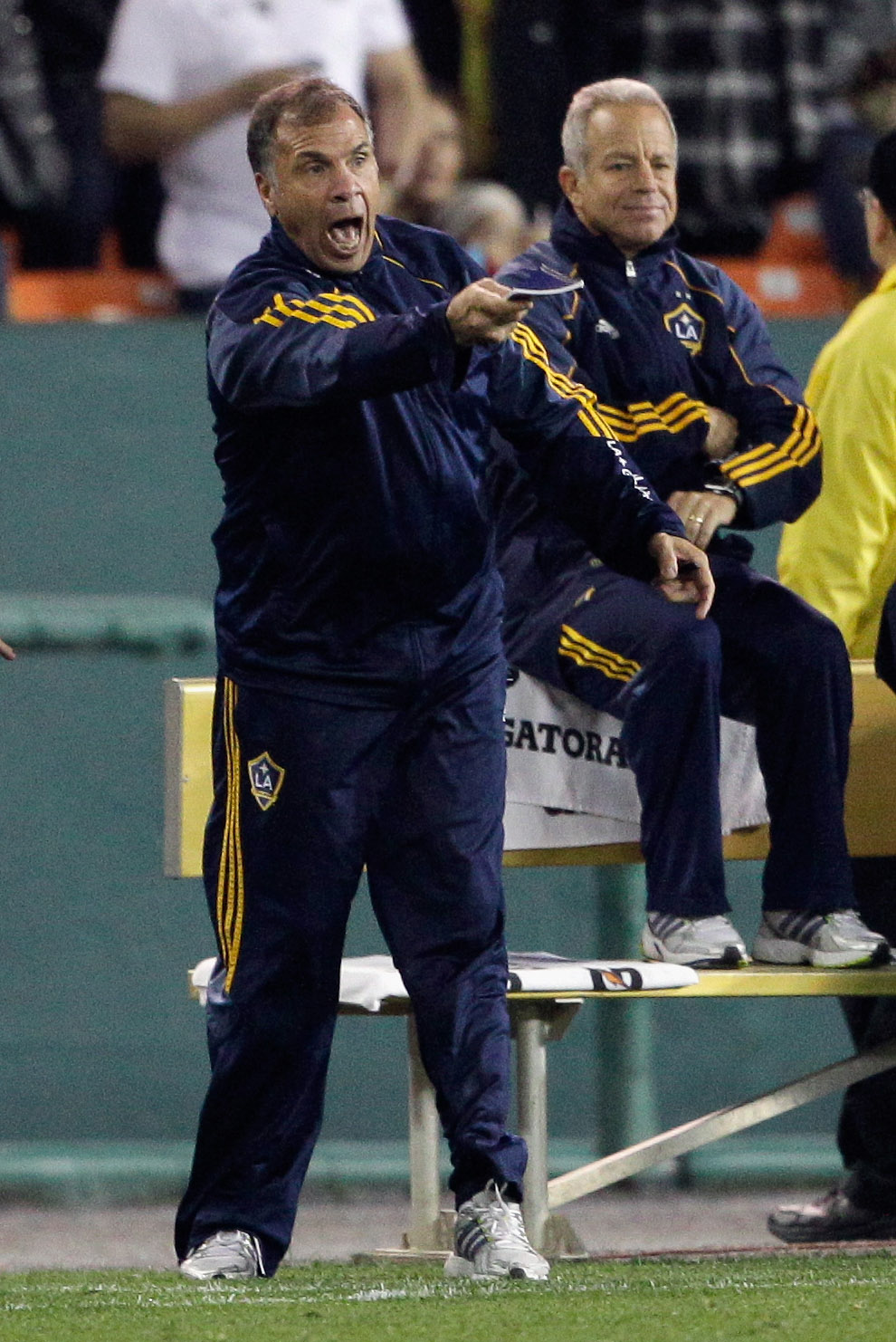 WASHINGTON, DC - APRIL 09: Bruce Arena head coach of the Los Angeles Galaxy yells from the sidelines against the D.C. United during the second half at RFK Stadium on April 9, 2011 in Washington, DC. The game ended in a 1-1  draw. (Photo by Rob Carr/Getty