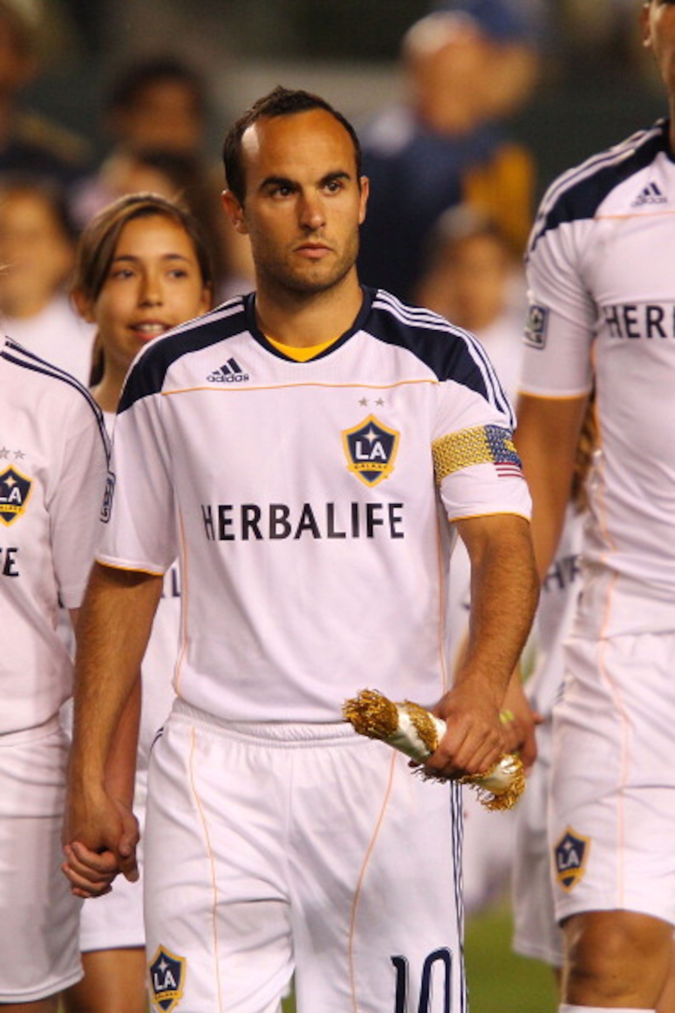 CARSON, CA - APRIL 02:  Landon Donovan #10 of the Los Angeles Galaxy enters the field prior to the start of the match against the Philadelphia Union at The Home Depot Center on April 2, 2011 in Carson, California.  (Photo by Joe Scarnici/Getty Images)