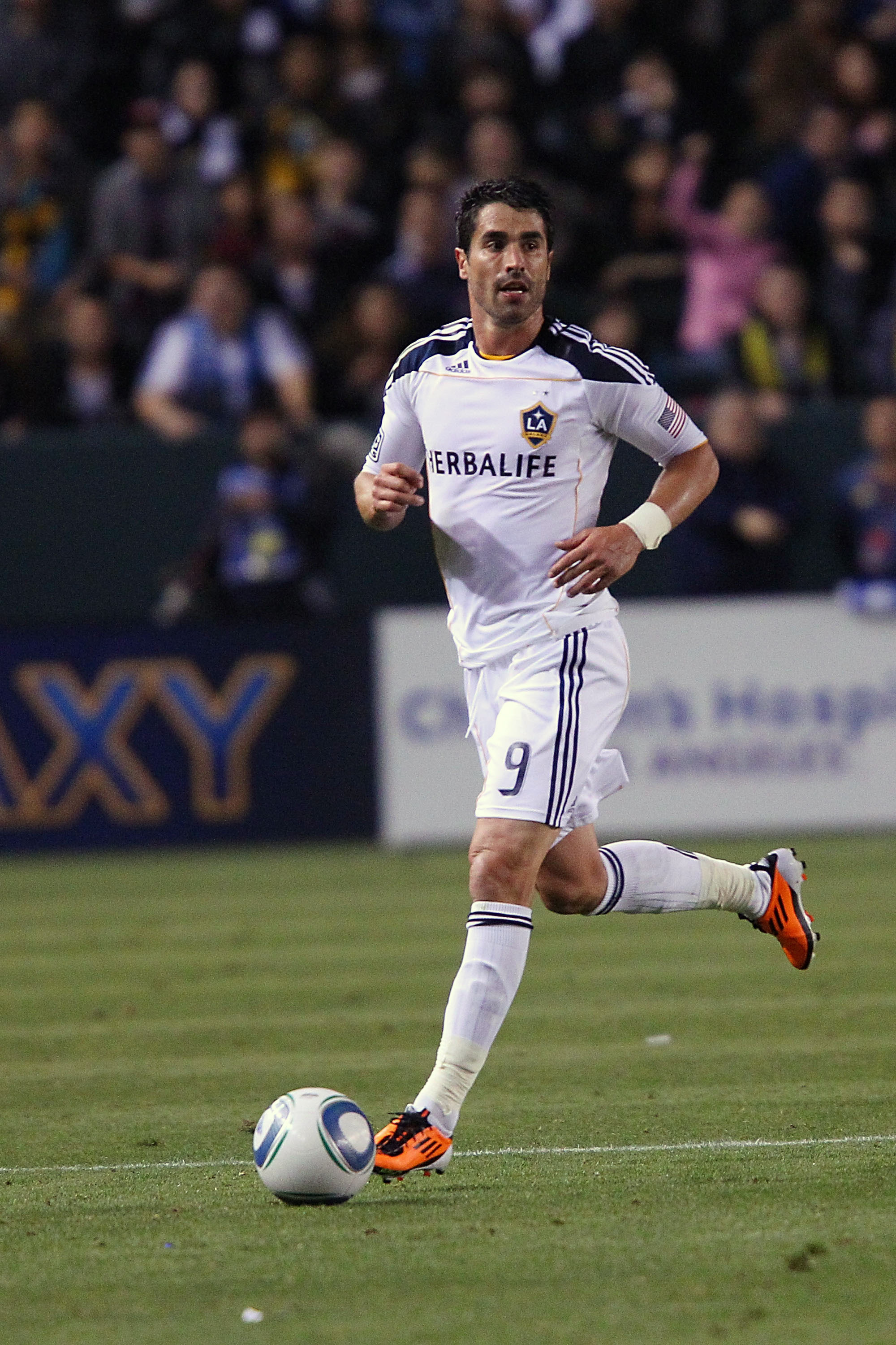 CARSON, CA - APRIL 02:  Juan Pablo Angel #9 of the Los Angeles Galaxy controls the ball during the Philadelphia Union v Los Angeles Galaxy Match at The Home Depot Center on April 2, 2011 in Carson, California.  (Photo by Joe Scarnici/Getty Images)