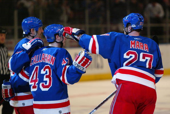 NEW YORK - APRIL 17:  Brendan Shanahan #14 and Paul Mara #27 of the New York Rangers celebrate with Ryan Callahan #43 after his second goal against the Atlanta Thrashers in the second period of game three of the 2007 Eastern Conference Quarterfinals on Ap