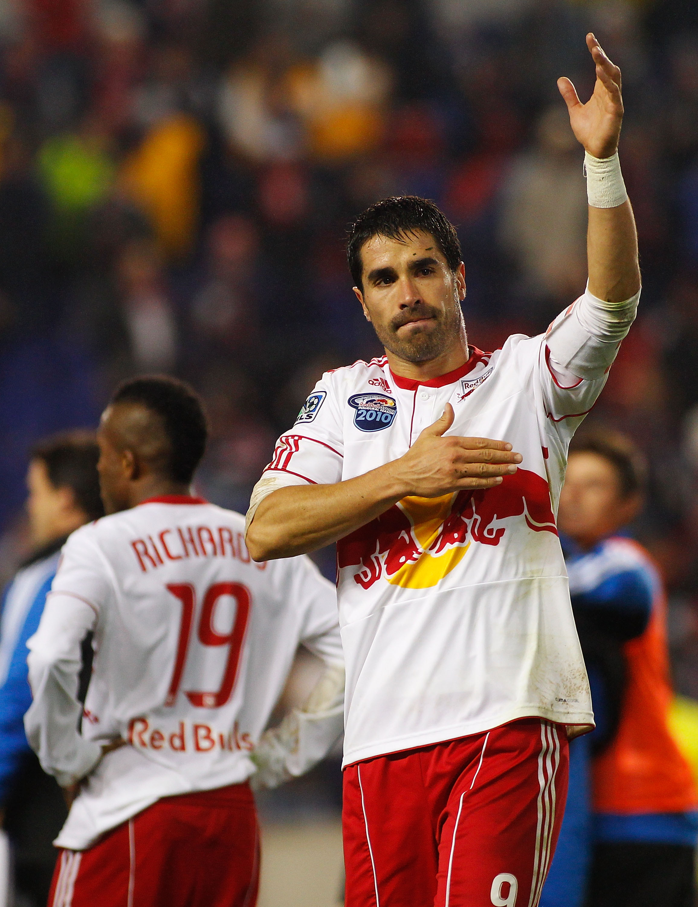 HARRISON, NJ - NOVEMBER 04:  Juan Pablo Angel #9 of the New York Red Bulls salutes the crowd after losing to the San Jose Earthquakes 3-1 during the 2nd Leg of the MLS playoffs on November 4, 2010 at Red Bull Arena in Harrison, New Jersey.  (Photo by Mike
