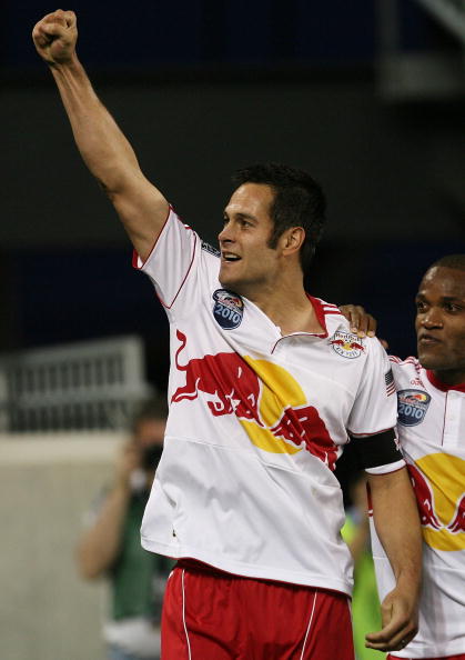HARRISON, NJ - MARCH 20:  Mike Petke #12 of the New York Red Bulls celebrates his goal at 43rd minute against the Santos FC on March 20, 2010 at Red Bull Arena in Harrison, New Jersey.  (Photo by Chris Trotman/Getty Images for New York Red Bulls)