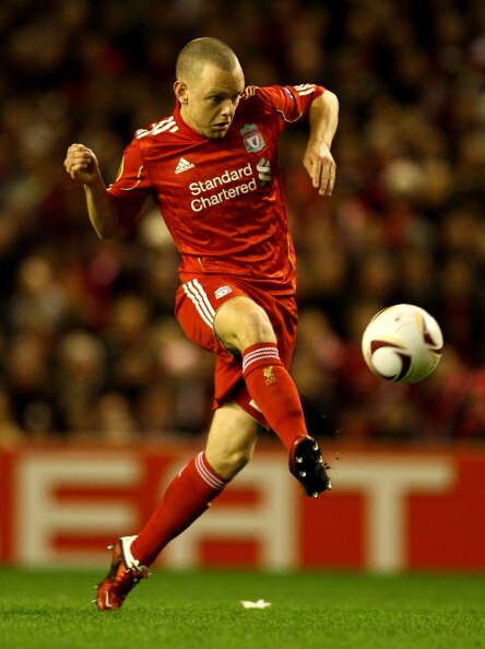 LIVERPOOL, ENGLAND - FEBRUARY 24:  Jay Spearing of Liverpool in action during the UEFA Europa League Round of 32 2nd leg match beteween Liverpool and Sparta Prague at Anfield on February 24, 2011 in Liverpool, England.  (Photo by Richard Heathcote/Getty I