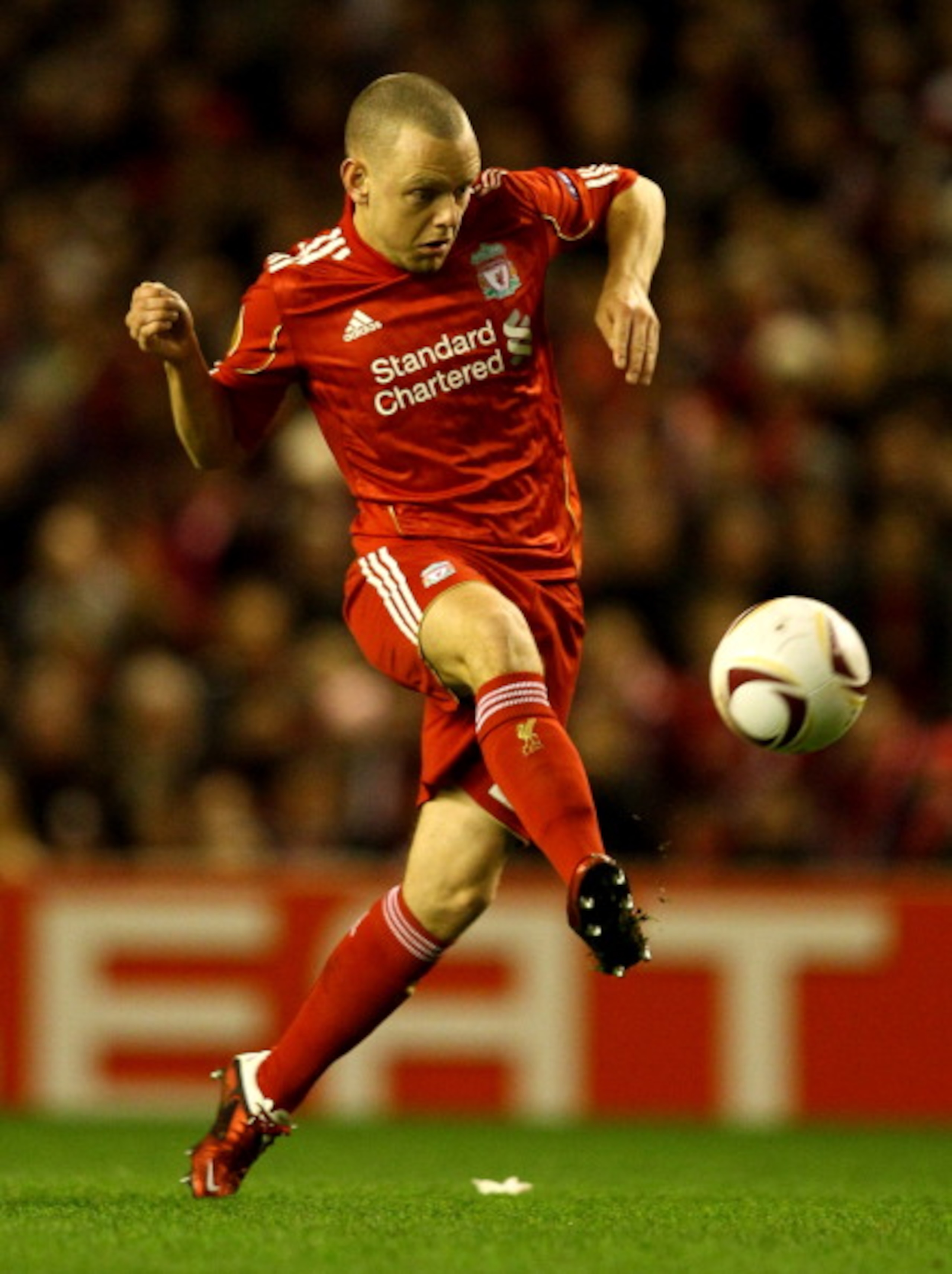 LIVERPOOL, ENGLAND - FEBRUARY 24:  Jay Spearing of Liverpool in action during the UEFA Europa League Round of 32 2nd leg match beteween Liverpool and Sparta Prague at Anfield on February 24, 2011 in Liverpool, England.  (Photo by Richard Heathcote/Getty I