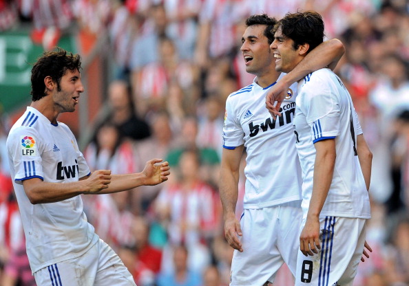 BILBAO, SPAIN - APRIL 09:  Kaka (R) of Real Madrid celebrates with Esteban Granero (L) and  Alvaro Arbeloa after scoring Real's second goal during the La Liga match between Athletic Bilbao and Real Madrid at San Mames Stadium on April 9, 2011 in Bilbao, S