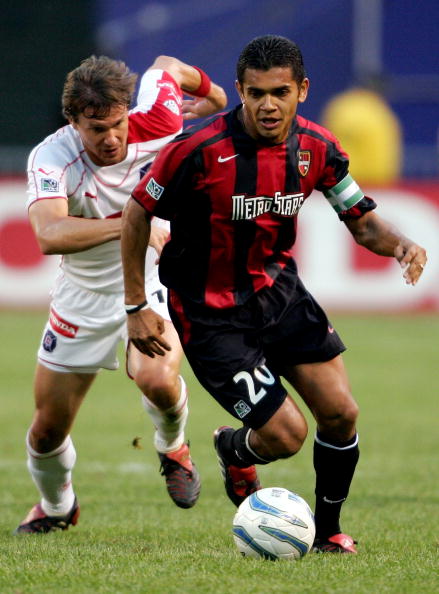 EAST RUTHERFORD, NJ - MAY 31:  Amado Guevara #20 of the Metrostars controls the ball against the Chicago Fire during the game at Giants Stadium on May 31, 2005 in East Rutherford, New Jersey.  (Photo by Nick Laham/Getty Images)
