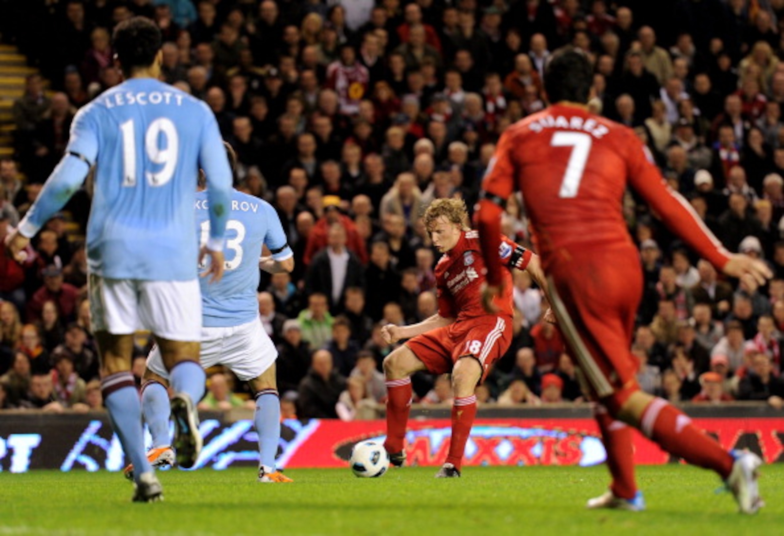 LIVERPOOL, ENGLAND - APRIL 11:  Dirk Kuyt of Liverpool scores his team's second goal during the Barclays Premier League match between Liverpool and Manchester City at Anfield on April 11, 2011 in Liverpool, England. (Photo by Michael Regan/Getty Images)