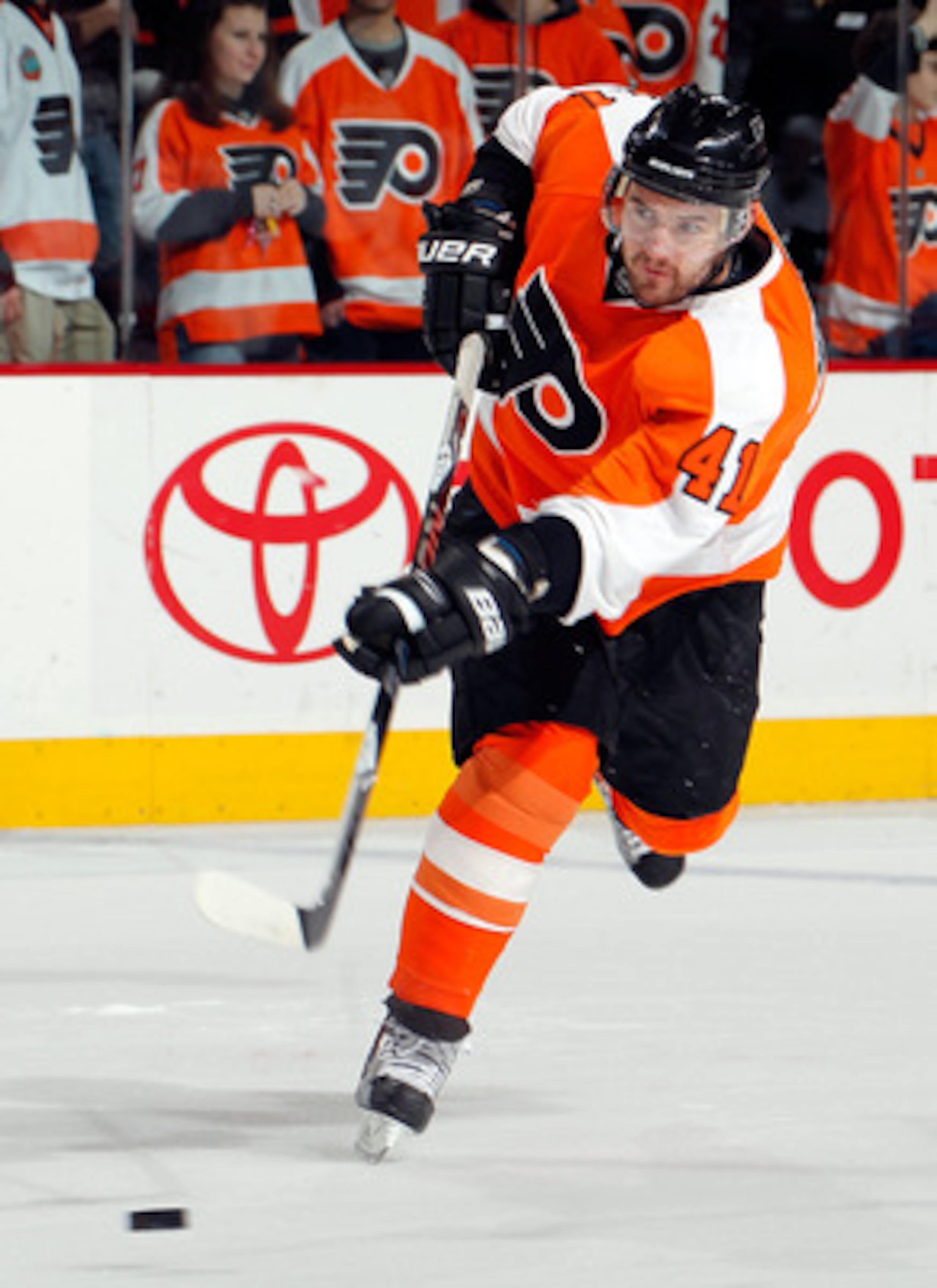 PHILADELPHIA, PA - MARCH 22:  Andrej Meszaros #41 of the Philadelphia Flyers shoots during warmups before an NHL hockey game against the Washington Capitals at the Wells Fargo Center on March 22, 2011 in Philadelphia, Pennsylvania.  (Photo by Paul Bereswi