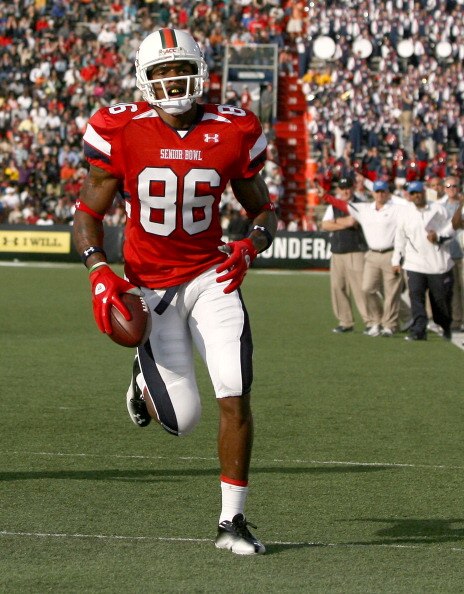 MOBILE, AL - JANUARY 29: Wide receiver Leonard Hankerson #86 South Team scores a touchdwon against the North Team during the second quarter of the Under Armour Senior Bowl on January 29, 2011 at Ladd-Pebbles Stadium in Mobile, Alabama.  (Photo by Sean Gar