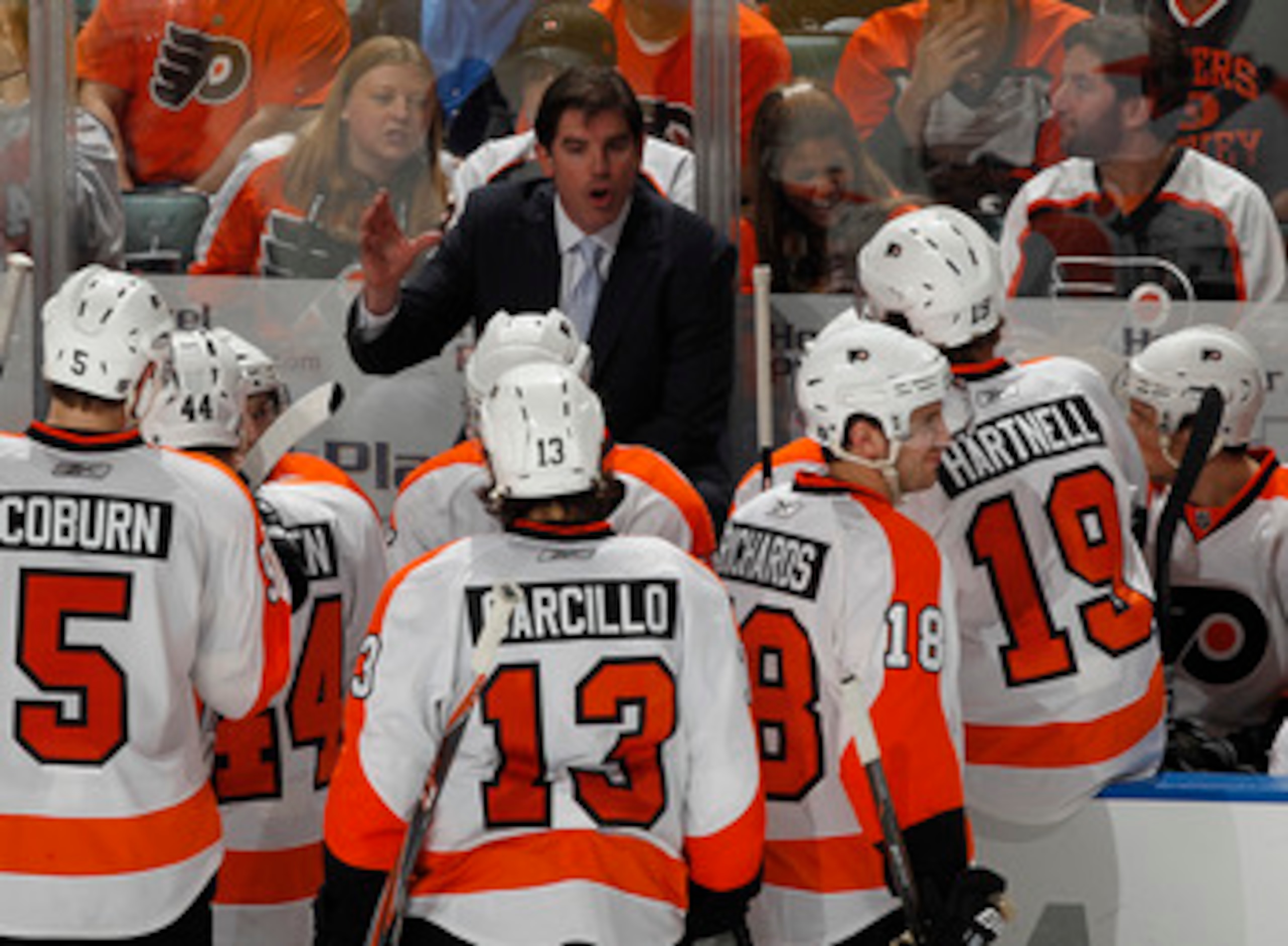 SUNRISE, FL - FEBRUARY 16: Head coach Peter Laviolette of the Philadelphia Flyers talks to the team during a time out against the Florida Panthers on February 16, 2011 at the BankAtlantic Center in Sunrise, Florida. The Flyers defeated the Panthers 4-2. (