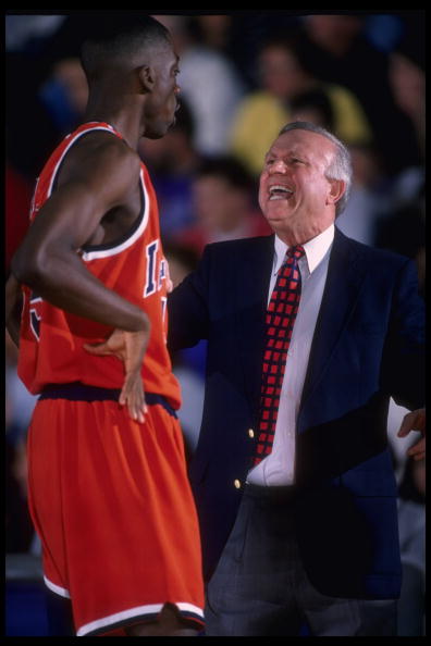 27 Jan 1996: Head coach Lou Henson of the Illinois Fighting Illini yells at forward Chris Gandy #45 on the sideline during the game against the Northwestern Wildcats at the Welsh-Ryan Arena in Evanston, Illinois. Illinois defeated Northwestern 74-62. Man
