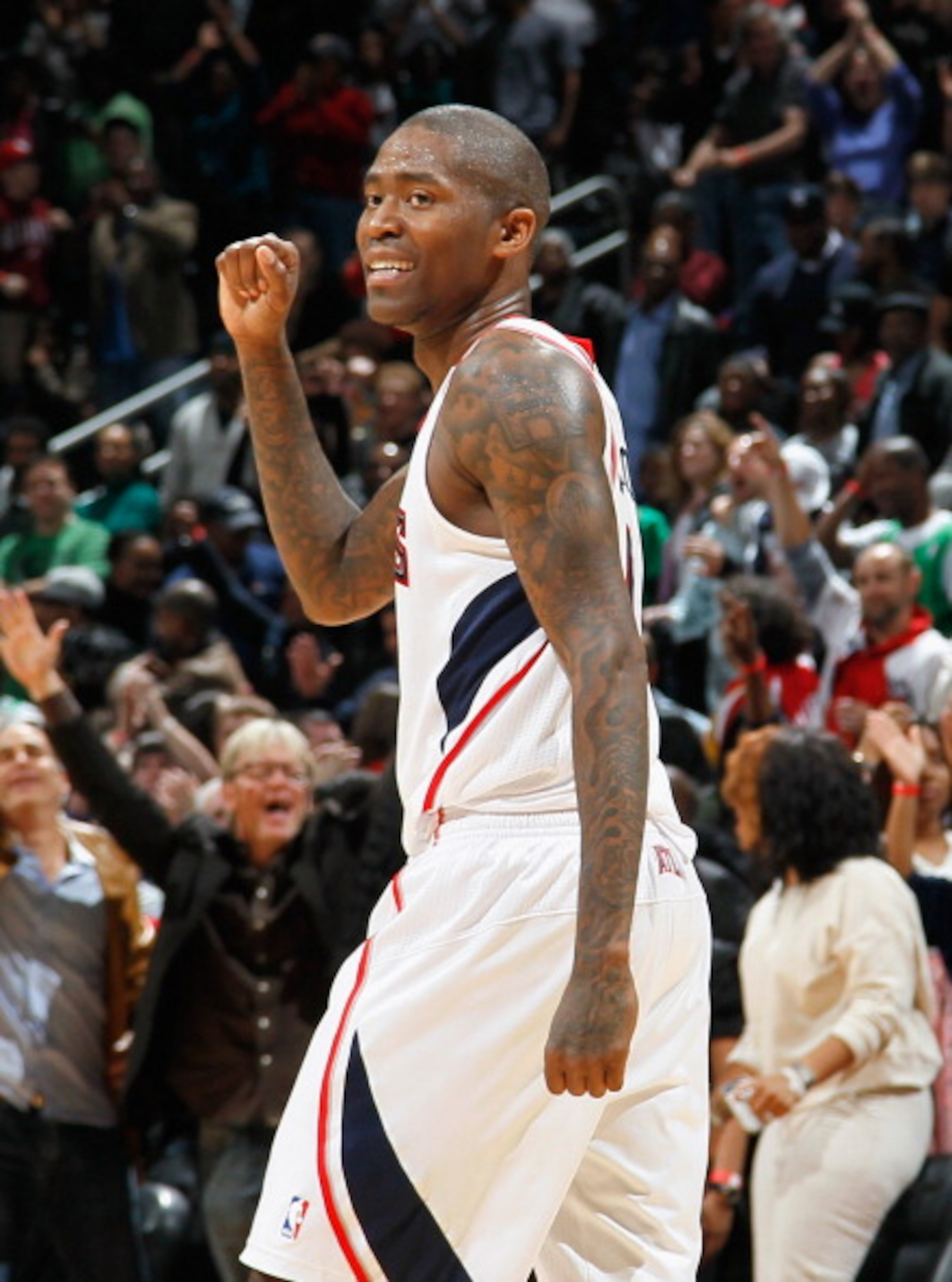 ATLANTA, GA - APRIL 01: Jamal Crawford #11 of the Atlanta Hawks reacts after a basket against the Boston Celtics at Philips Arena on April 1, 2011 in Atlanta, Georgia. NOTE TO USER: User expressly acknowledges and agrees that, by downloading and/or usin ATLANTA, GA - APRIL 01: Jamal Crawford #11 of the Atlanta Hawks reacts after a basket against the Boston Celtics at Philips Arena on April 1, 2011 in Atlanta, Georgia. NOTE TO USER: User expressly acknowledges and agrees that, by downloading and/or usin