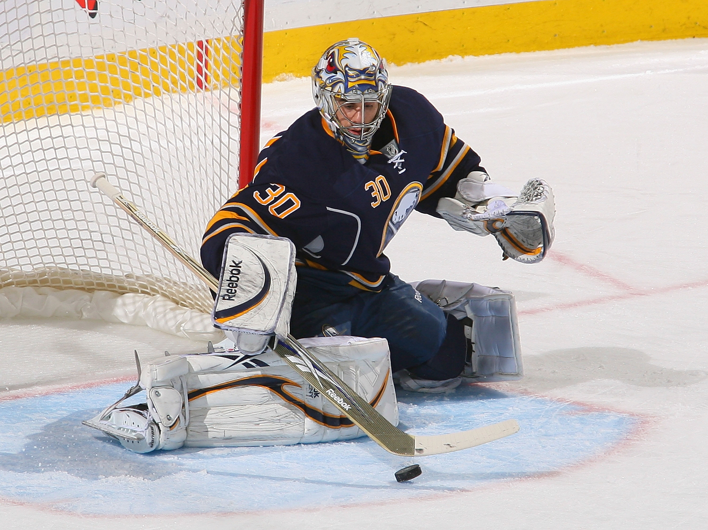 BUFFALO, NY - MARCH 20: Ryan Miller #30 of the Buffalo Sabres makes a save against the Nashville Predators at HSBC Arena on March 20, 2011 in Buffalo, New York.  (Photo by Rick Stewart/Getty Images)
