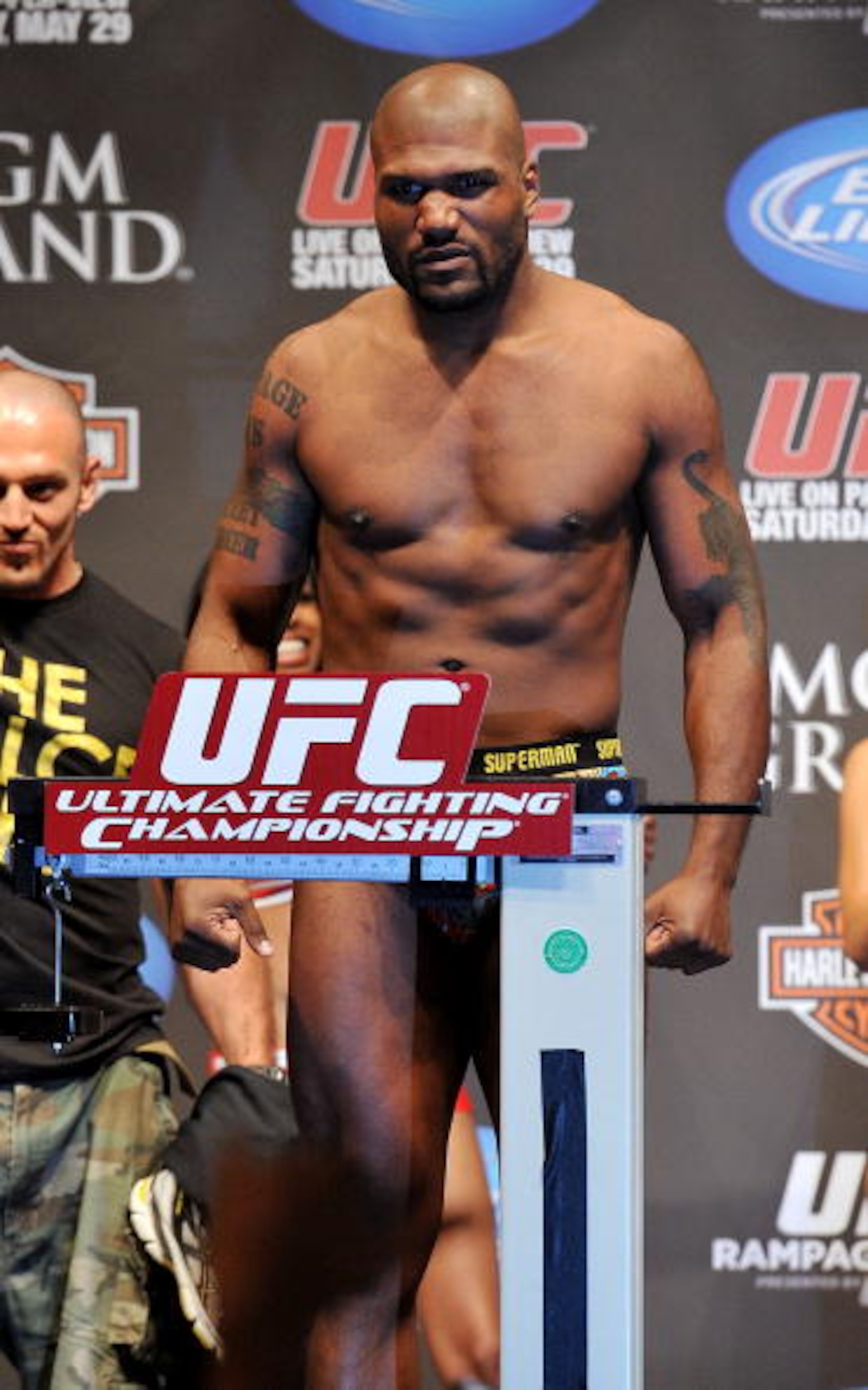 LAS VEGAS - MAY 28: UFC fighter Quinton 'Rampage' Jackson weighs in for his fight against UFC fighter Rashad Evans at UFC 114: Rampage versus Rashad at the Mandalay Bay Hotel on May 28, 2010 in Las Vegas, Nevada. (Photo by Jon Kopaloff/Getty Images) LAS VEGAS - MAY 28: UFC fighter Quinton 'Rampage' Jackson weighs in for his fight against UFC fighter Rashad Evans at UFC 114: Rampage versus Rashad at the Mandalay Bay Hotel on May 28, 2010 in Las Vegas, Nevada. (Photo by Jon Kopaloff/Getty Images)