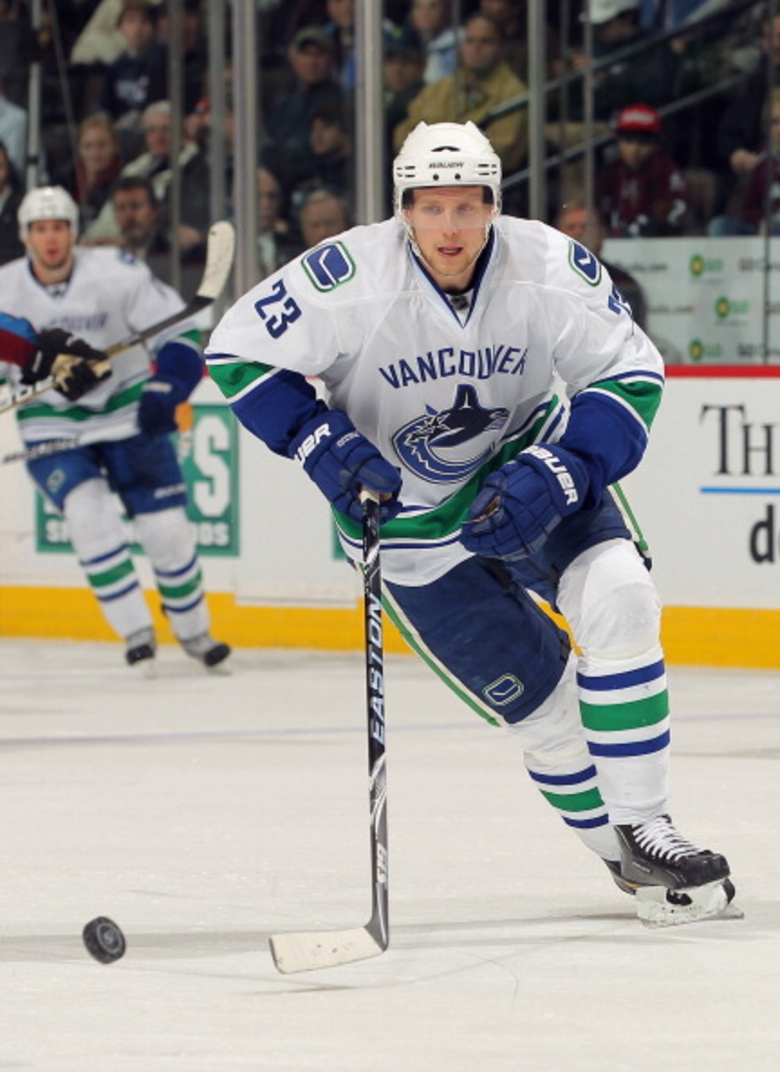 DENVER, CO - JANUARY 18:  Alexander Edler #23 of the Canucks skates against the Colorado Avalanche at the Pepsi Center on January 18, 2011 in Denver, Colorado. The Avalanche defeated the Canucks 4-3 in overtime.  (Photo by Doug Pensinger/Getty Images)