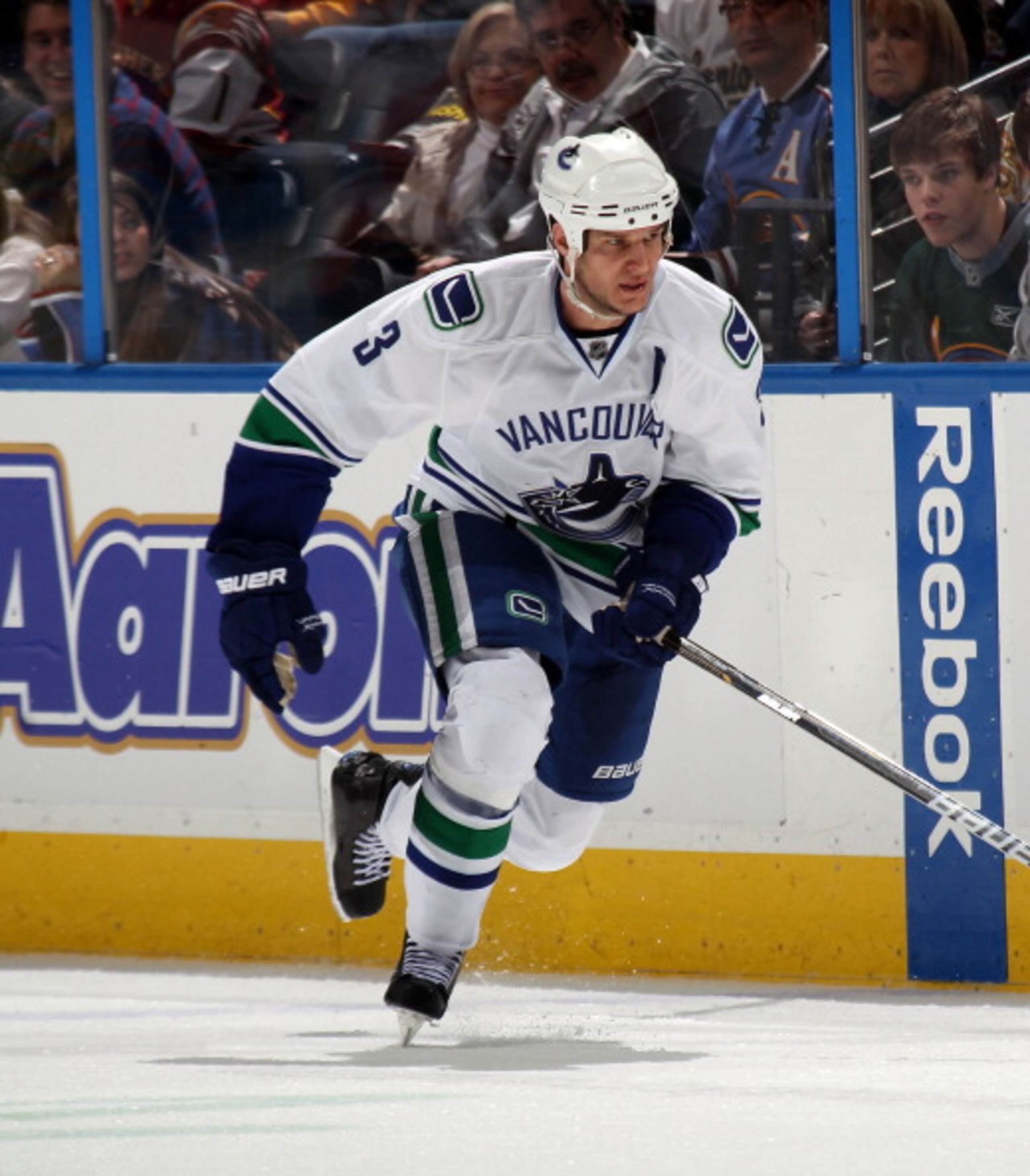 ATLANTA, GA - MARCH 25:  Kevin Bieksa #3 of the Vancouver Canucks skates against the Atlanta Thrashers at the Philips Arena on March 25, 2011 in Atlanta, Georgia.  (Photo by Bruce Bennett/Getty Images)