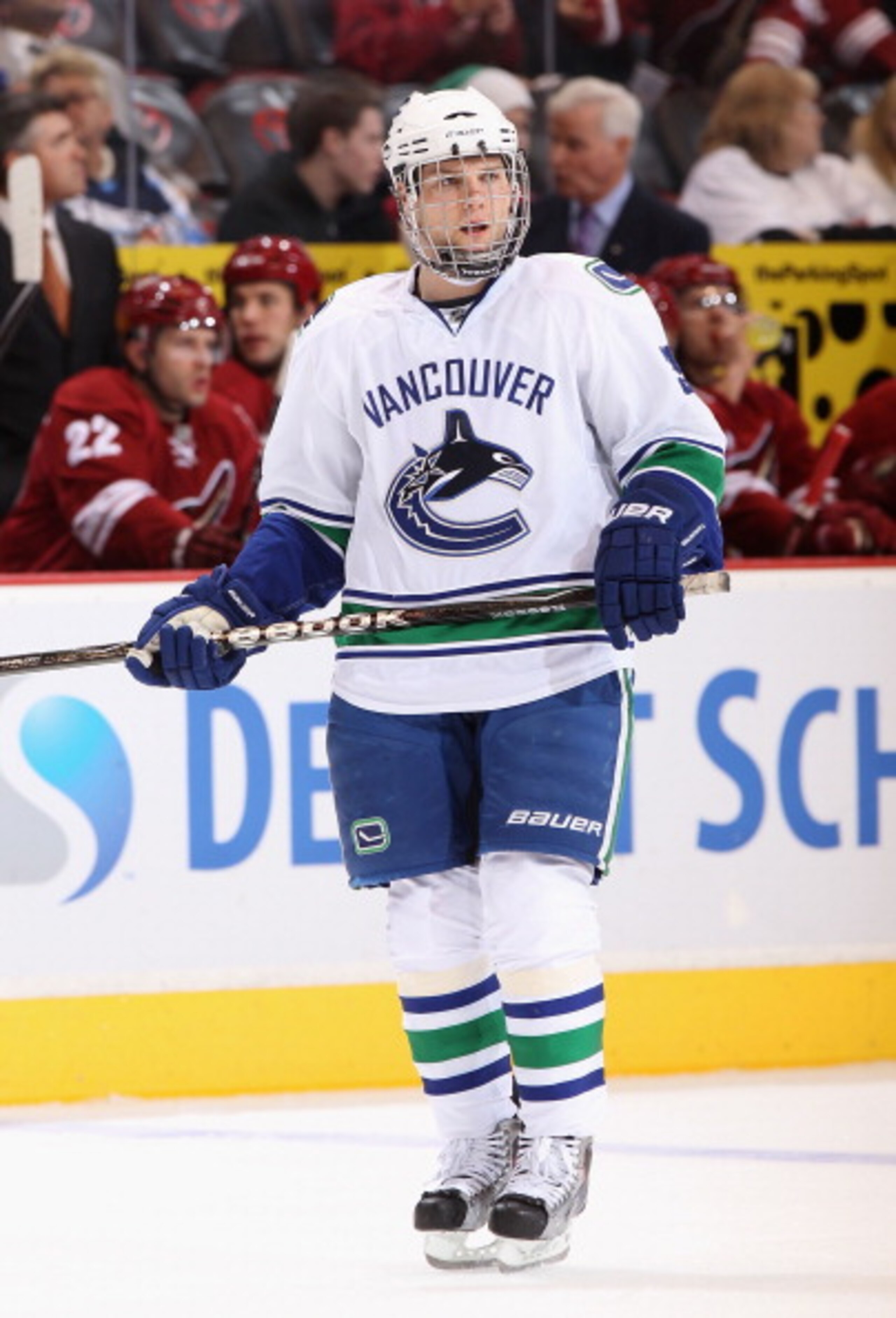 GLENDALE, AZ - FEBRUARY 02:  Cody Hodgson #39 of the Vancouver Canucks skates up to a face off against the Phoenix Coyotes during the NHL game at Jobing.com Arena on February 2, 2011 in Glendale, Arizona. The Canucks defeated the Coyotes 6-0.  (Photo by C